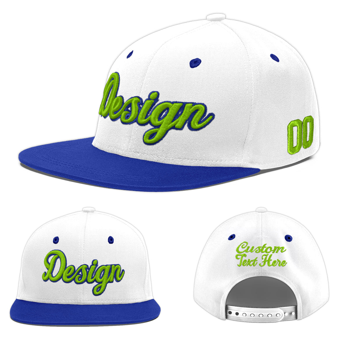 Custom White Royal Blue 3D Puff Embroidery Flat Embroidery Casual Sport Baseball Cap