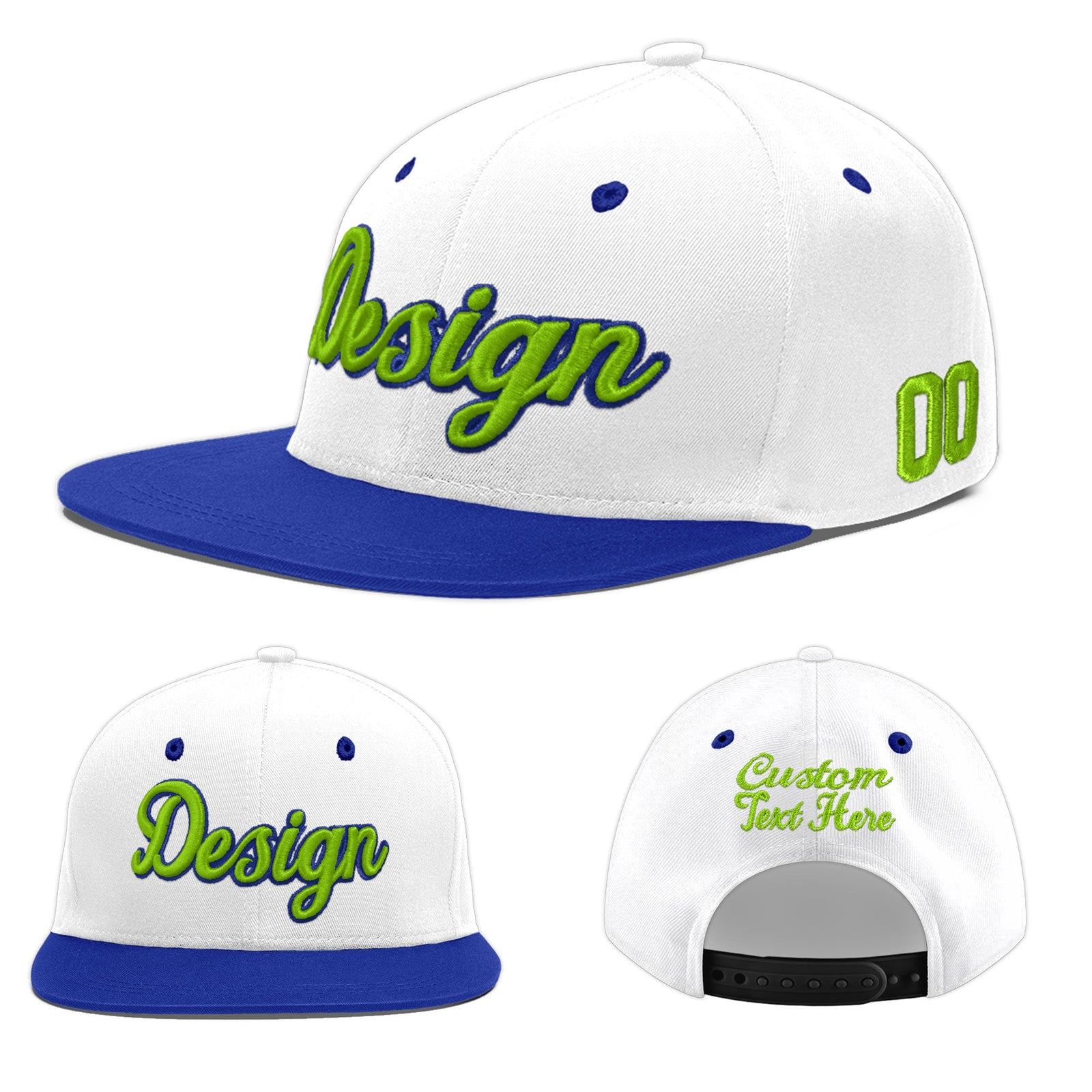 Custom White Royal Blue 3D Puff Embroidery Flat Embroidery Casual Sport Baseball Cap
