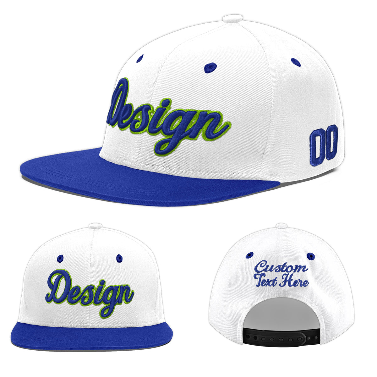 Custom White Royal Blue 4D Puff Embroidery Flat Embroidery Casual Sport Baseball Cap