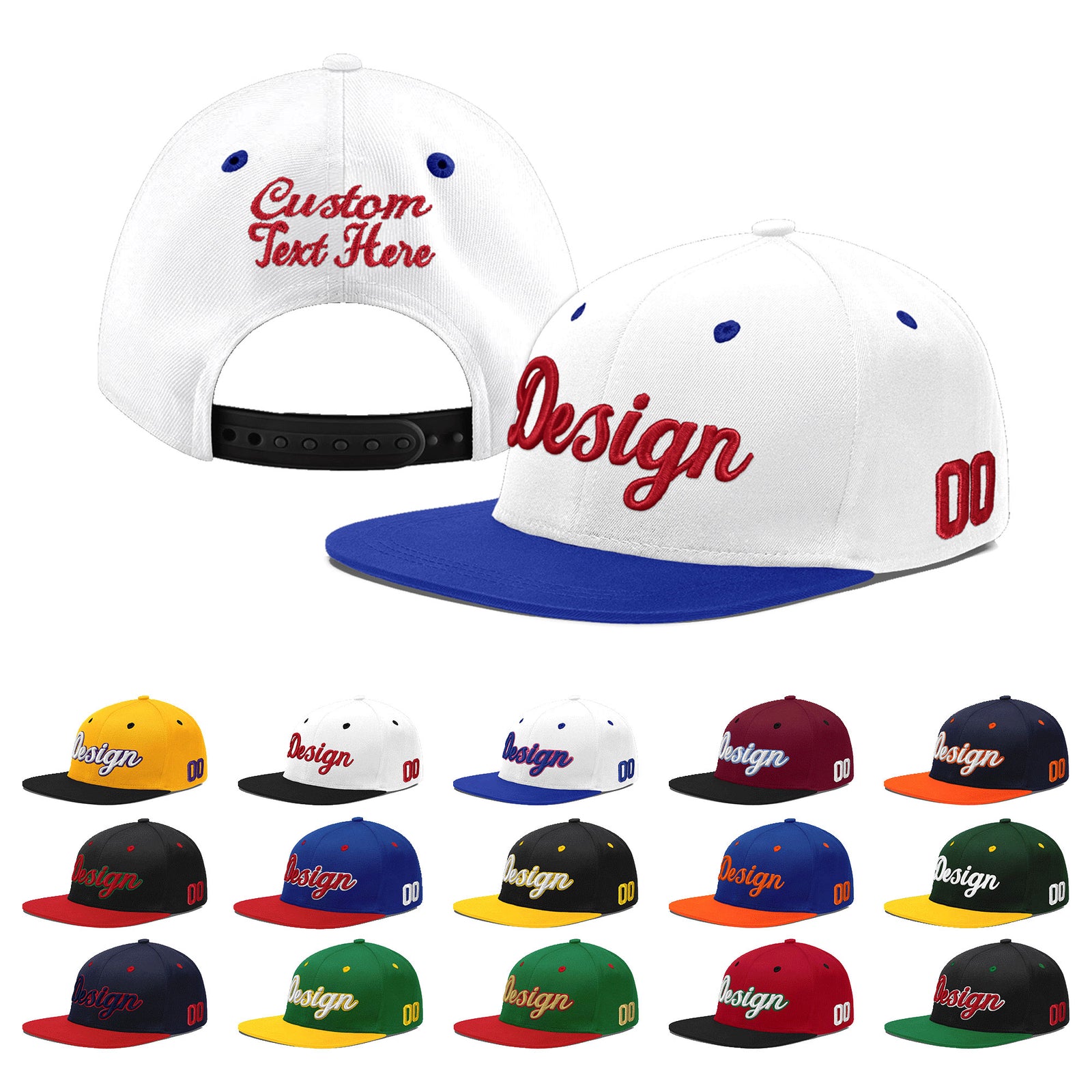 Custom White Royal Blue 11D Puff Embroidery Flat Embroidery Casual Sport Baseball Cap