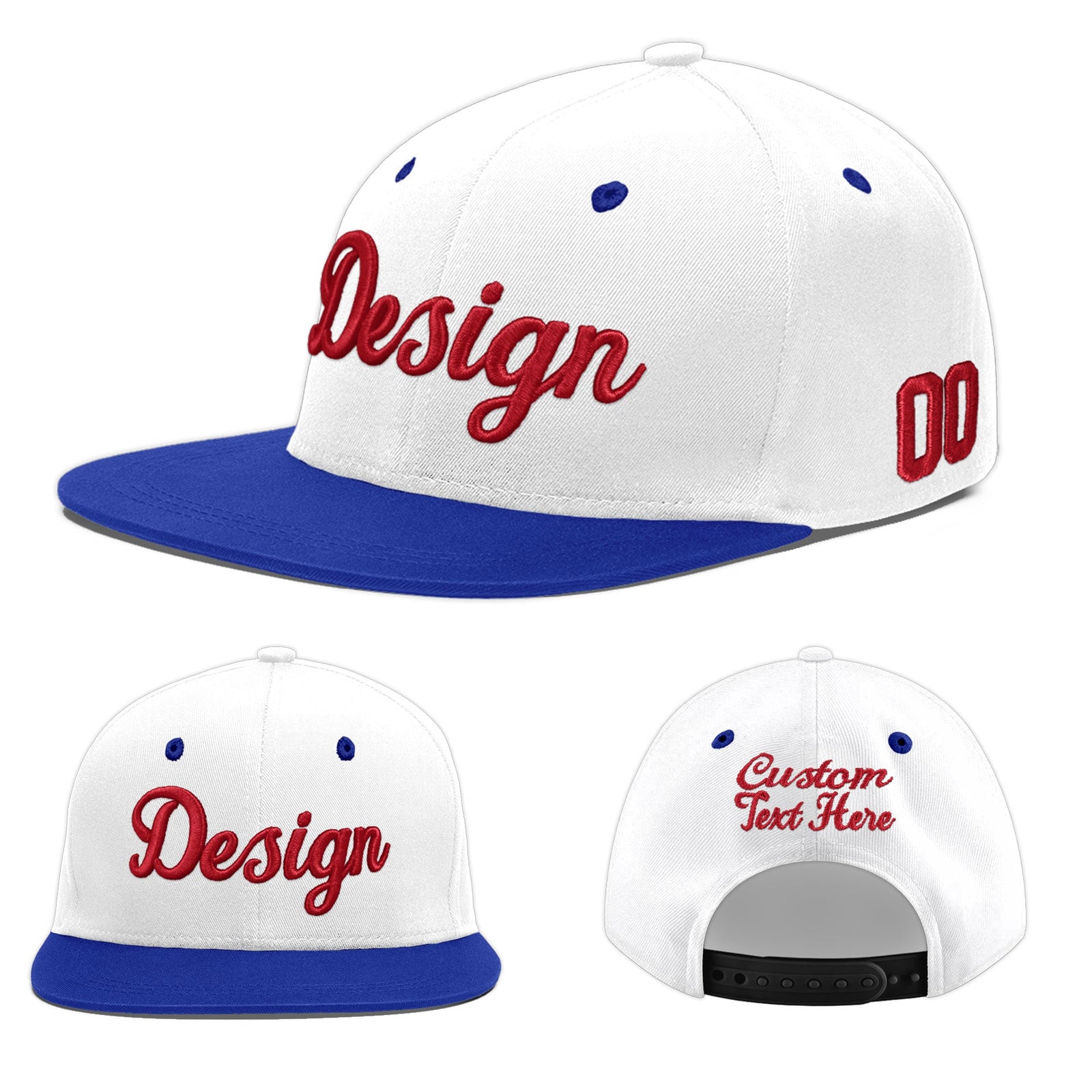 Custom White Royal Blue 12D Puff Embroidery Flat Embroidery Casual Sport Baseball Cap