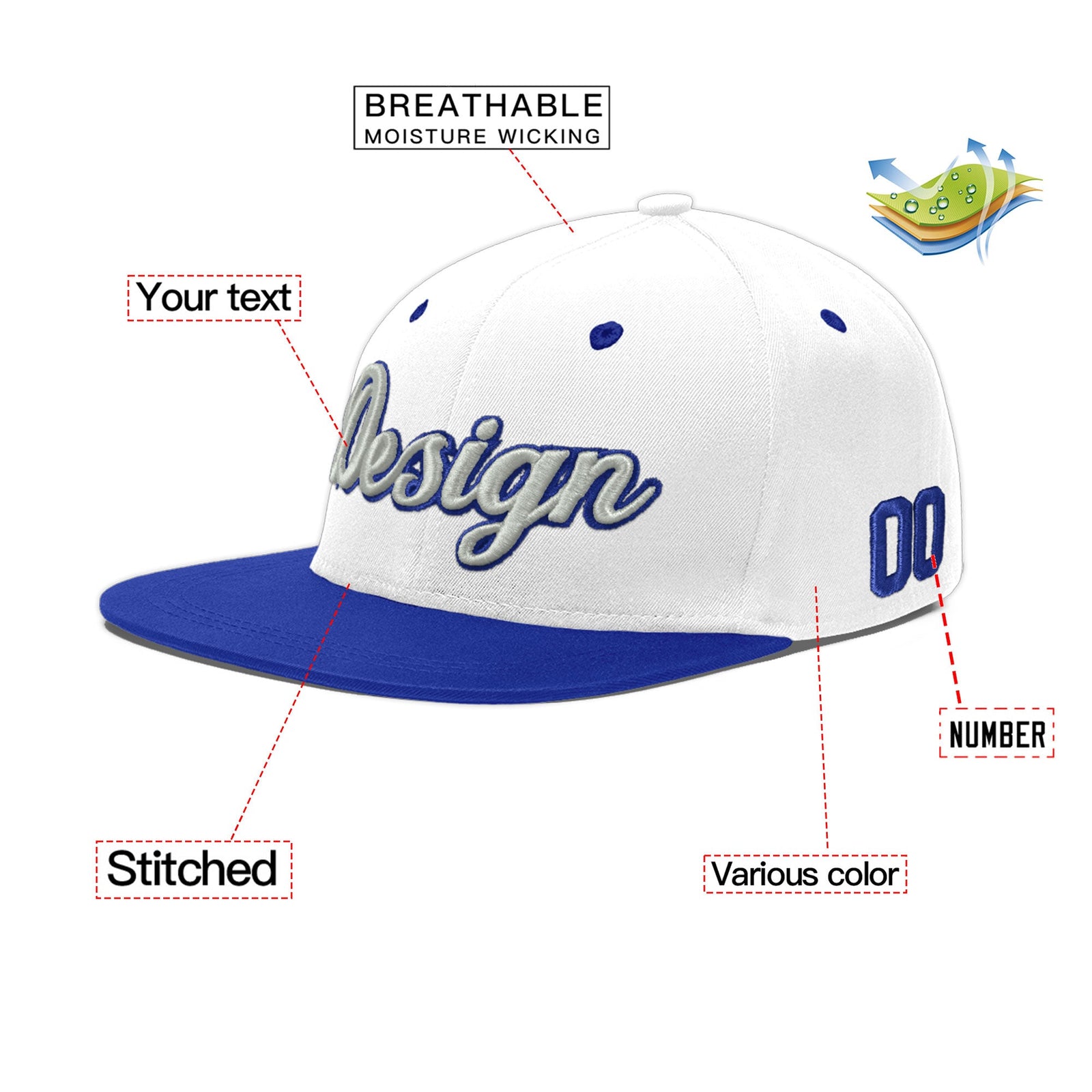 Custom White Royal Blue 21D Puff Embroidery Flat Embroidery Casual Sport Baseball Cap