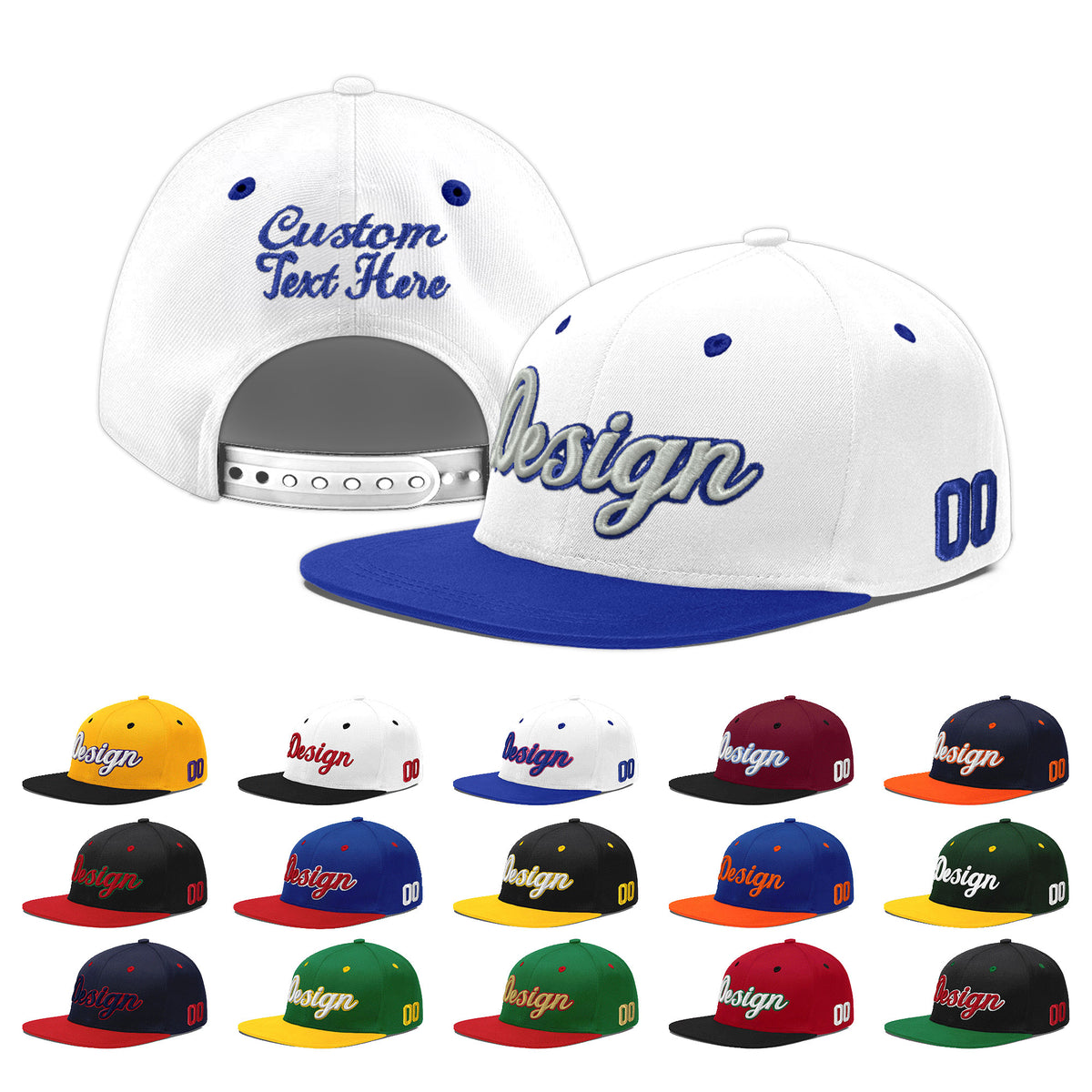 Custom White Royal Blue 19D Puff Embroidery Flat Embroidery Casual Sport Baseball Cap