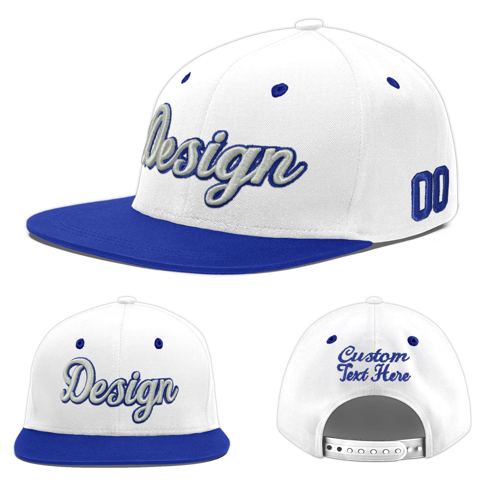 Custom White Royal Blue 20D Puff Embroidery Flat Embroidery Casual Sport Baseball Cap