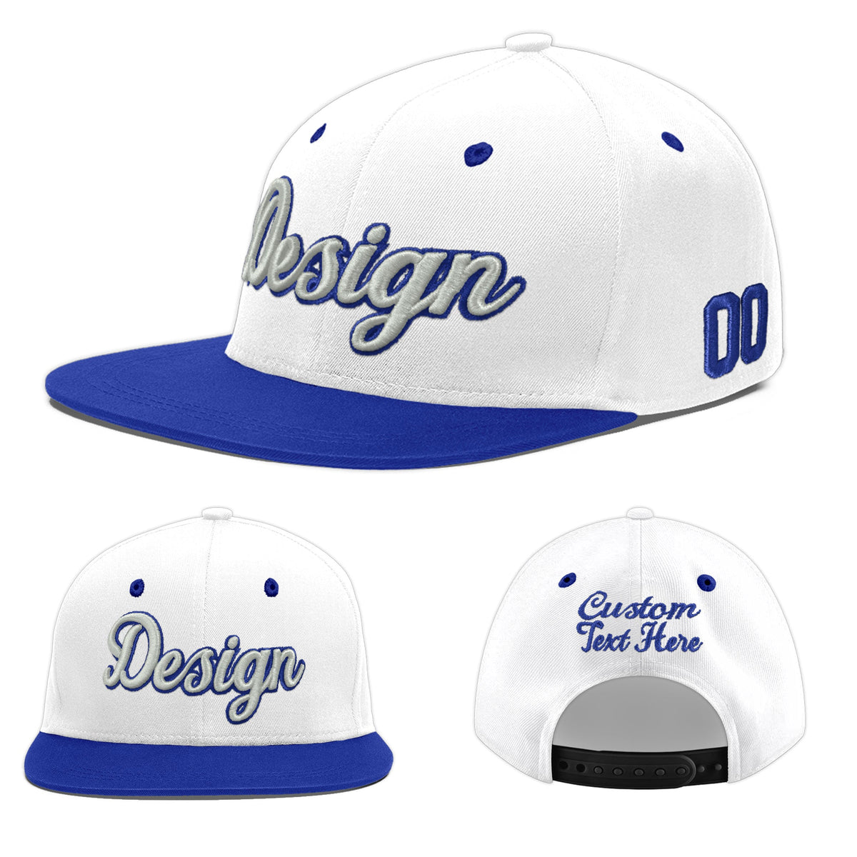 Custom White Royal Blue 20D Puff Embroidery Flat Embroidery Casual Sport Baseball Cap