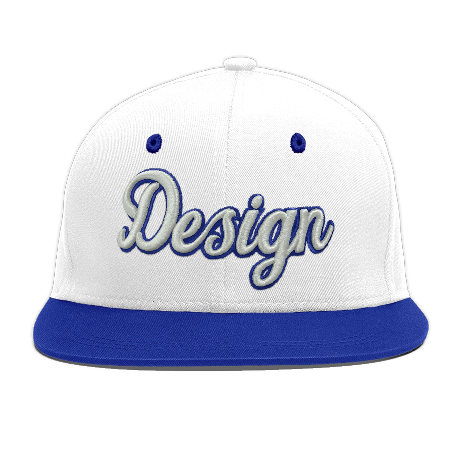 Custom White Royal Blue 24D Puff Embroidery Flat Embroidery Casual Sport Baseball Cap