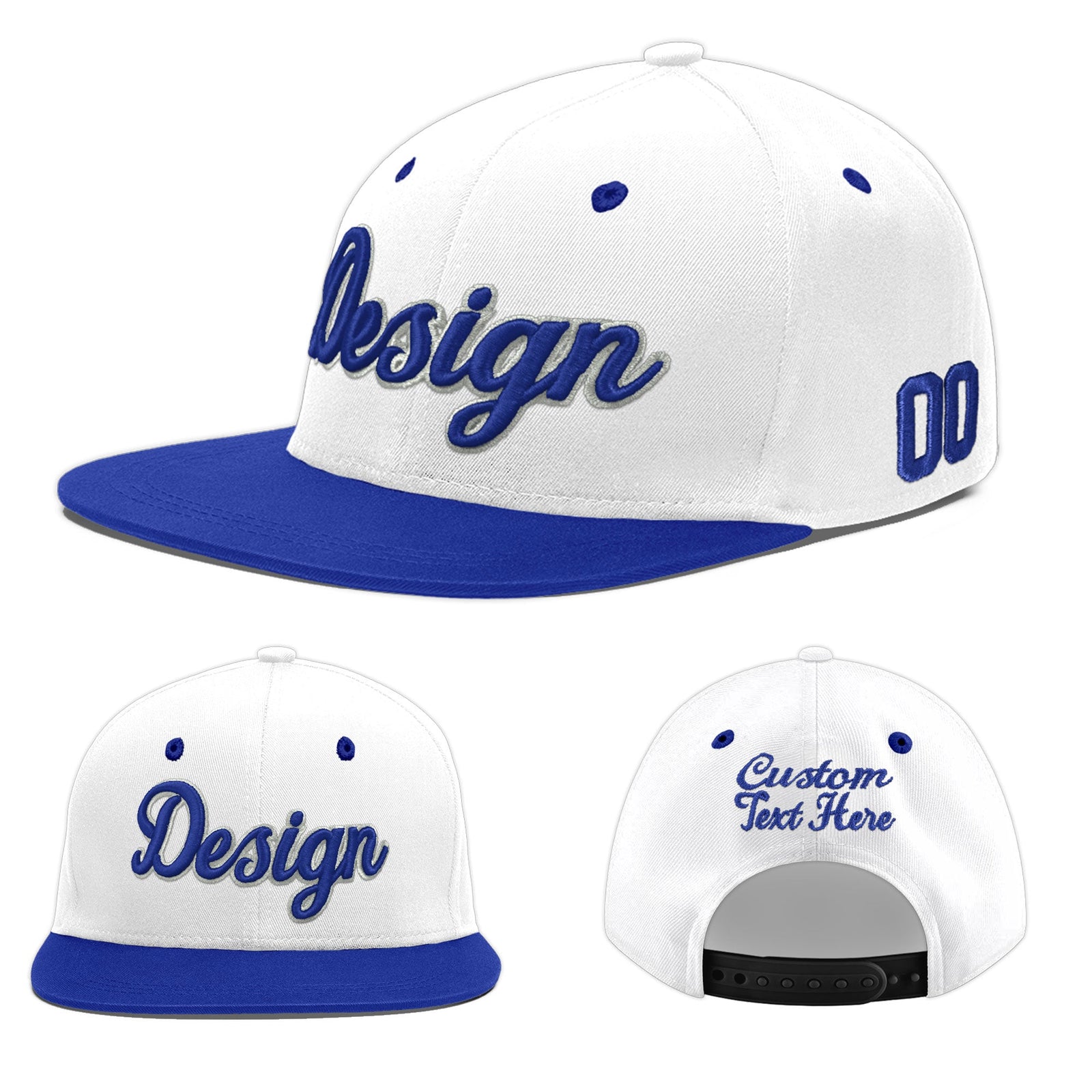Custom White Royal Blue 28D Puff Embroidery Flat Embroidery Casual Sport Baseball Cap