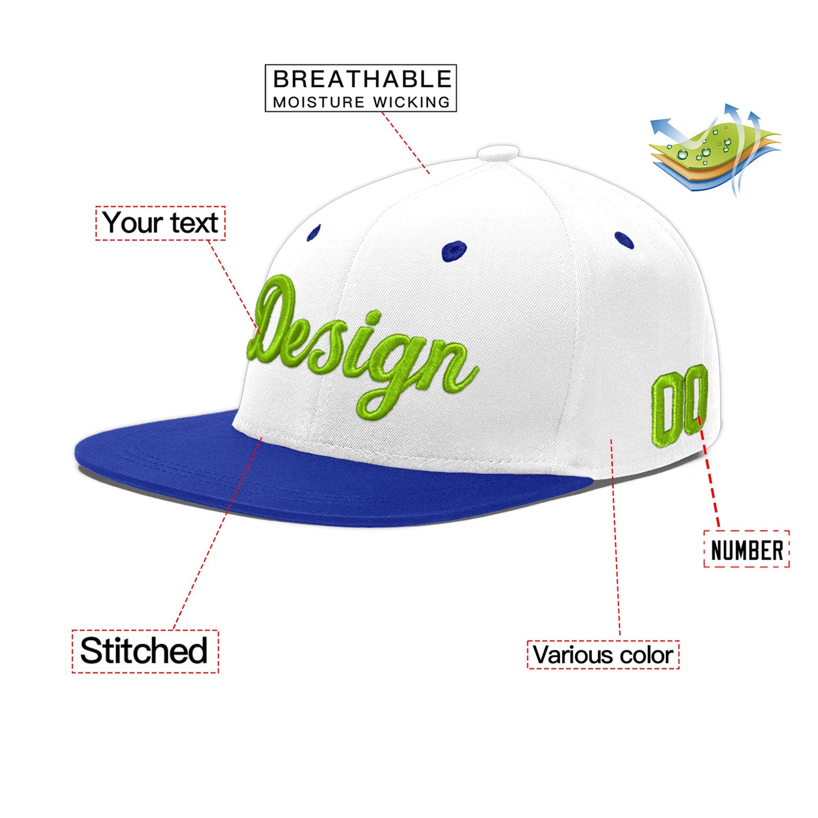 Custom White Royal Blue 5D Puff Embroidery Flat Embroidery Casual Sport Baseball Cap