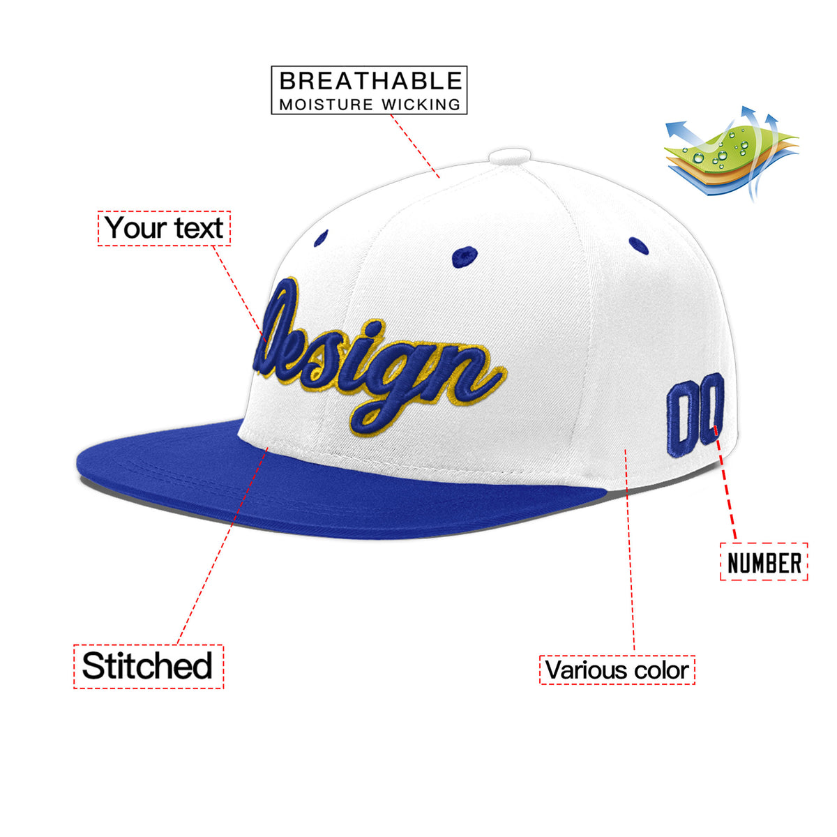 Custom White Royal Blue 13D Puff Embroidery Flat Embroidery Casual Sport Baseball Cap