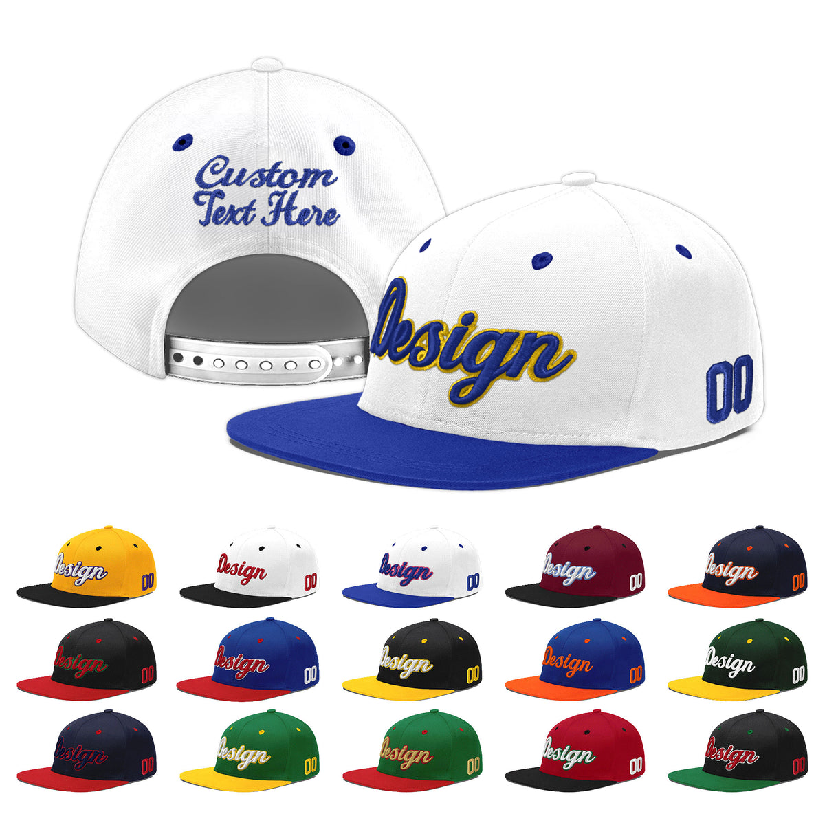 Custom White Royal Blue 11D Puff Embroidery Flat Embroidery Casual Sport Baseball Cap