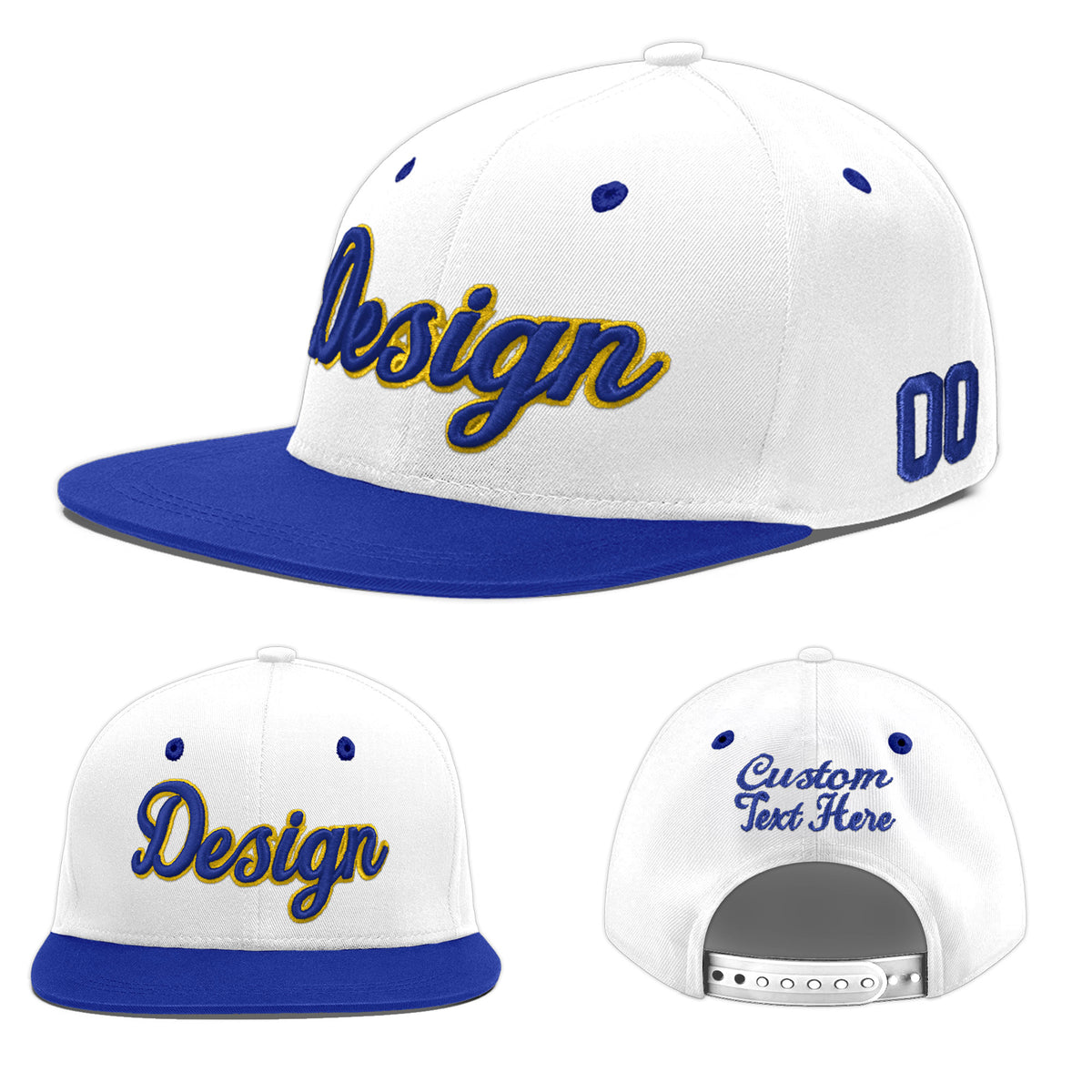 Custom White Royal Blue 12D Puff Embroidery Flat Embroidery Casual Sport Baseball Cap