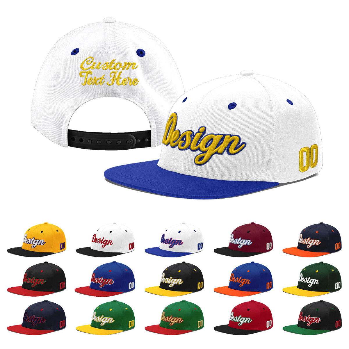 Custom White Royal Blue 19D Puff Embroidery Flat Embroidery Casual Sport Baseball Cap