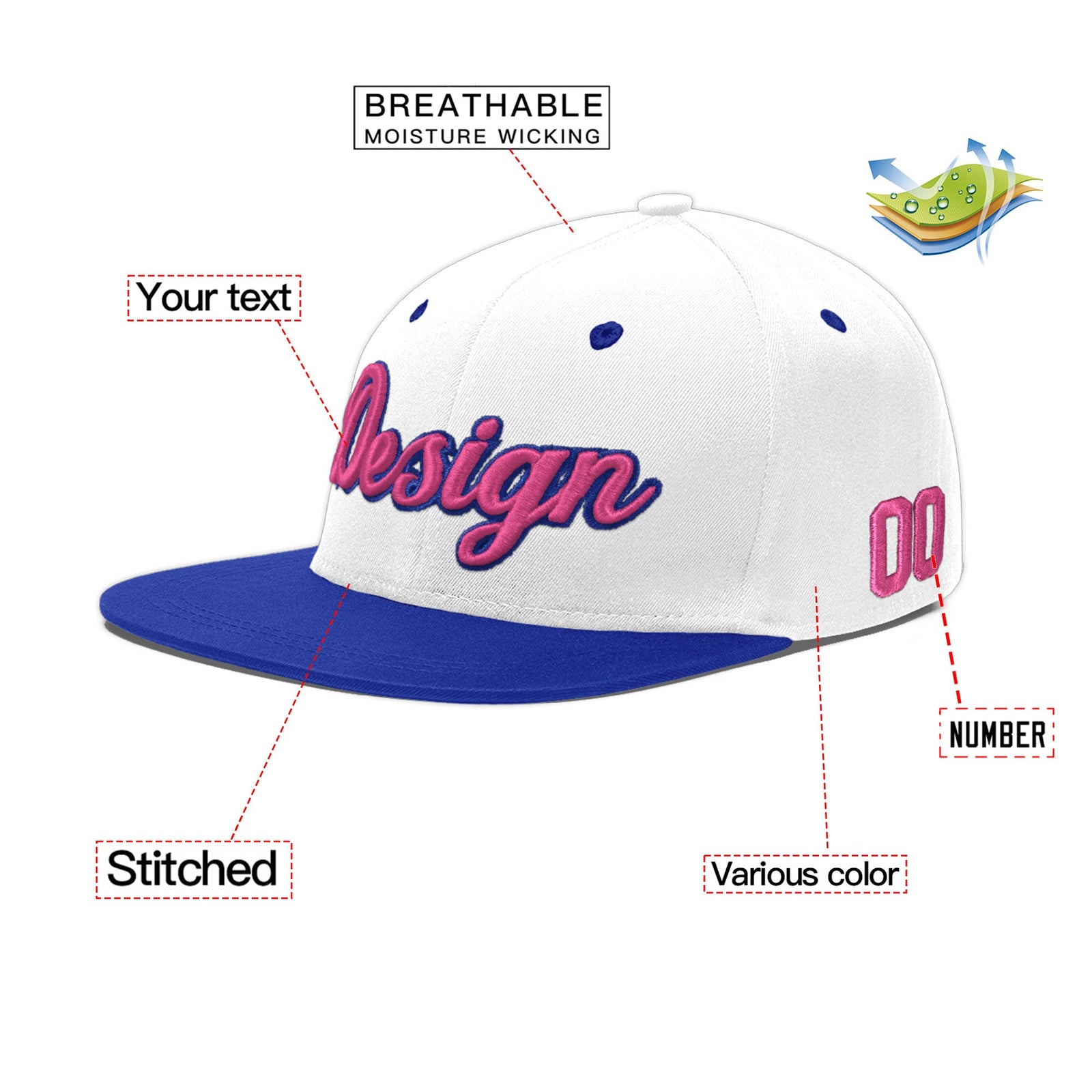 Custom White Royal Blue 29D Puff Embroidery Flat Embroidery Casual Sport Baseball Cap