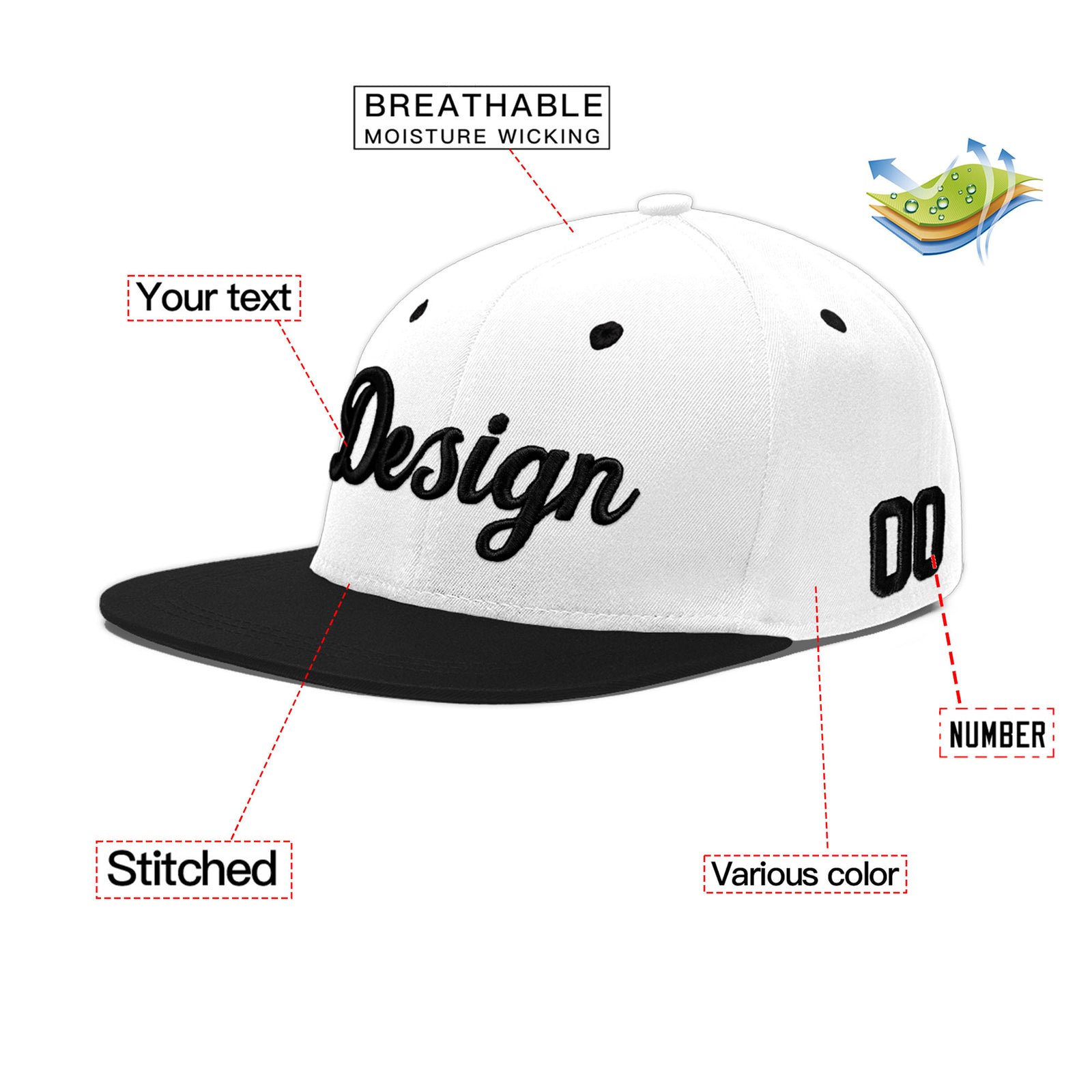 Custom White Black 3D Puff Embroidery Flat Embroidery Casual Sport Baseball Cap
