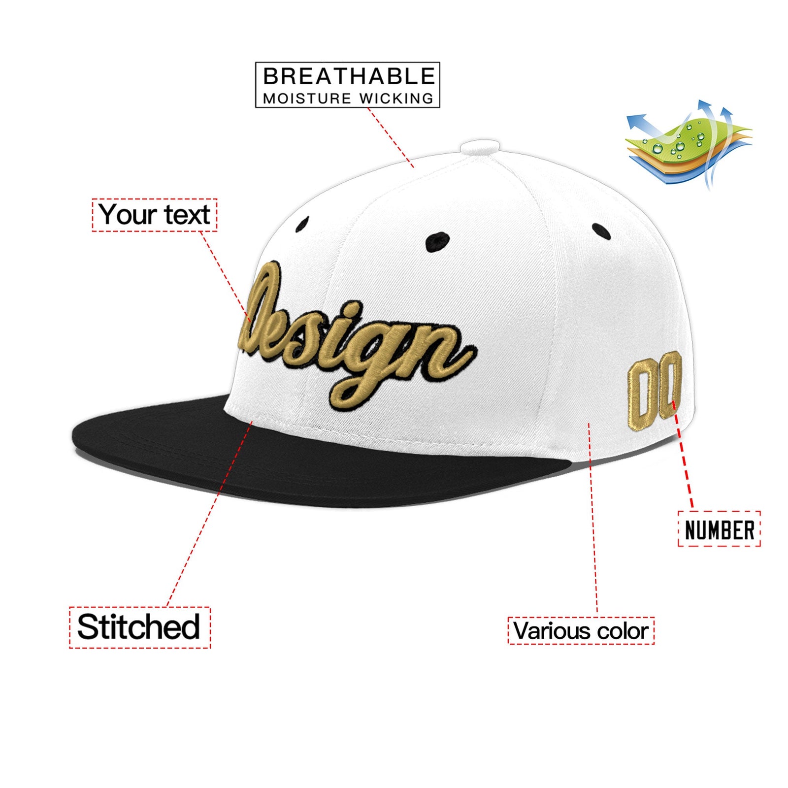 Custom White Black 3D Puff Embroidery Flat Embroidery Casual Sport Baseball Cap