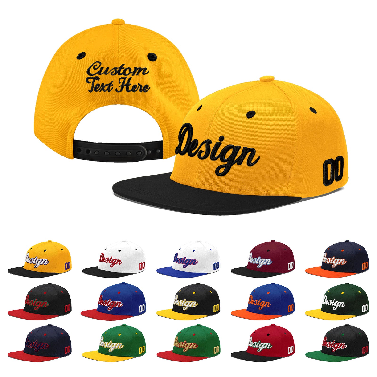 Custom Gold Black 3D Puff Embroidery Flat Embroidery Casual Sport Baseball Cap