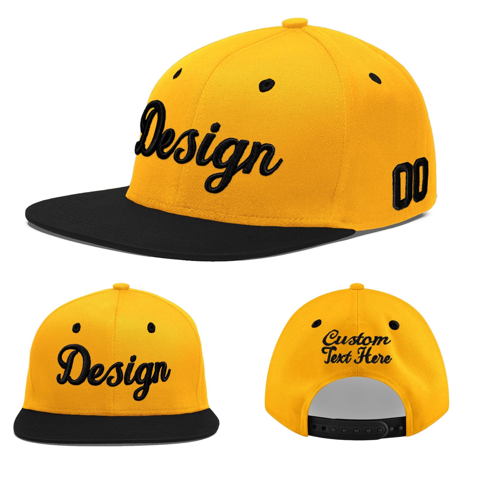 Custom Gold Black 3D Puff Embroidery Flat Embroidery Casual Sport Baseball Cap