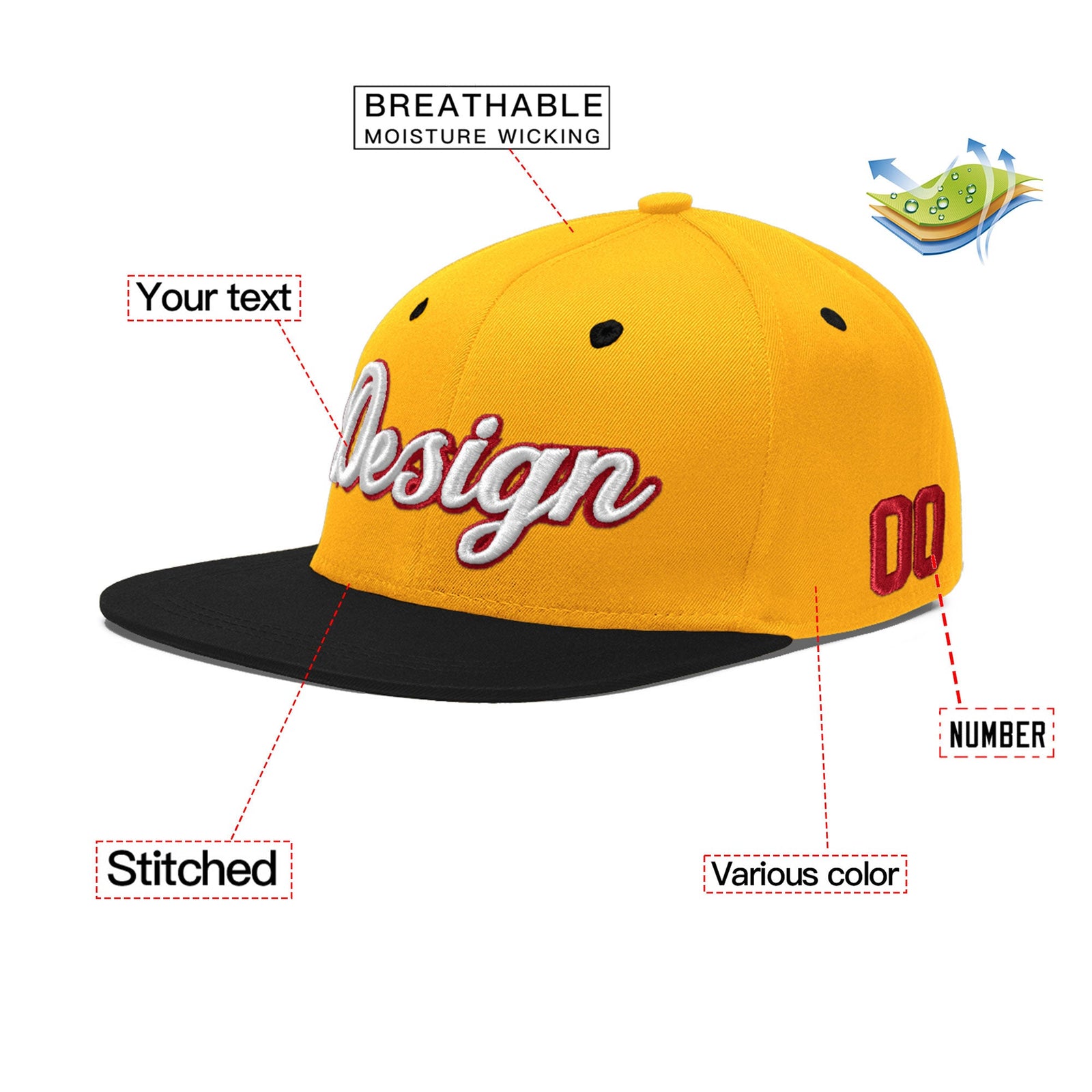 Custom Gold Black 3D Puff Embroidery Flat Embroidery Casual Sport Baseball Cap
