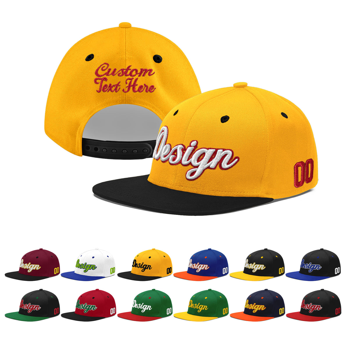 Custom Gold Black 3D Puff Embroidery Flat Embroidery Casual Sport Baseball Cap