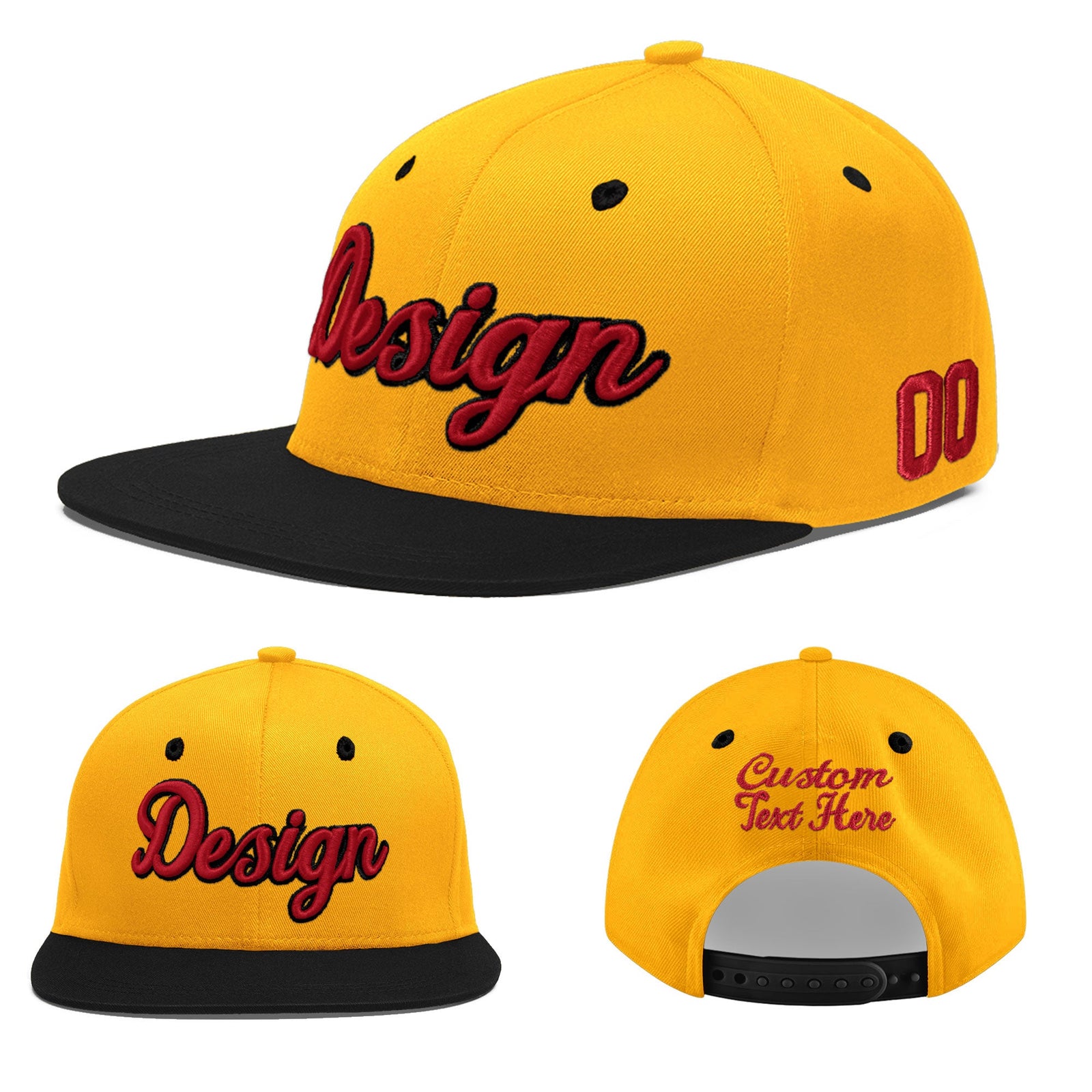 Custom Gold Black 3D Puff Embroidery Flat Embroidery Casual Sport Baseball Cap