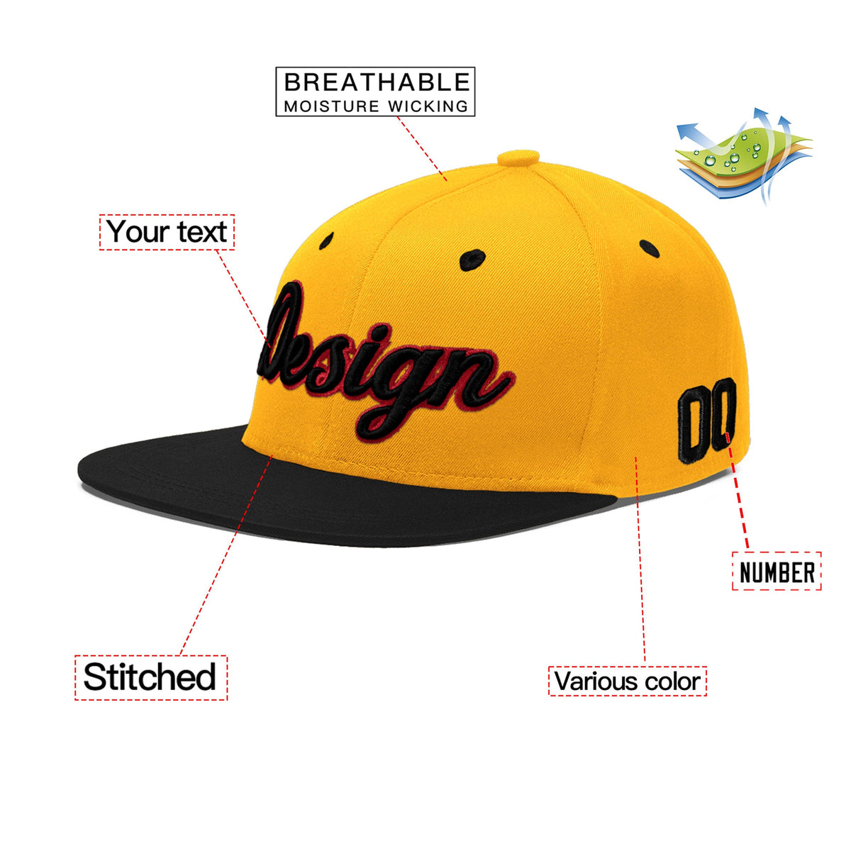 Custom Gold Black 13D Puff Embroidery Flat Embroidery Casual Sport Baseball Cap