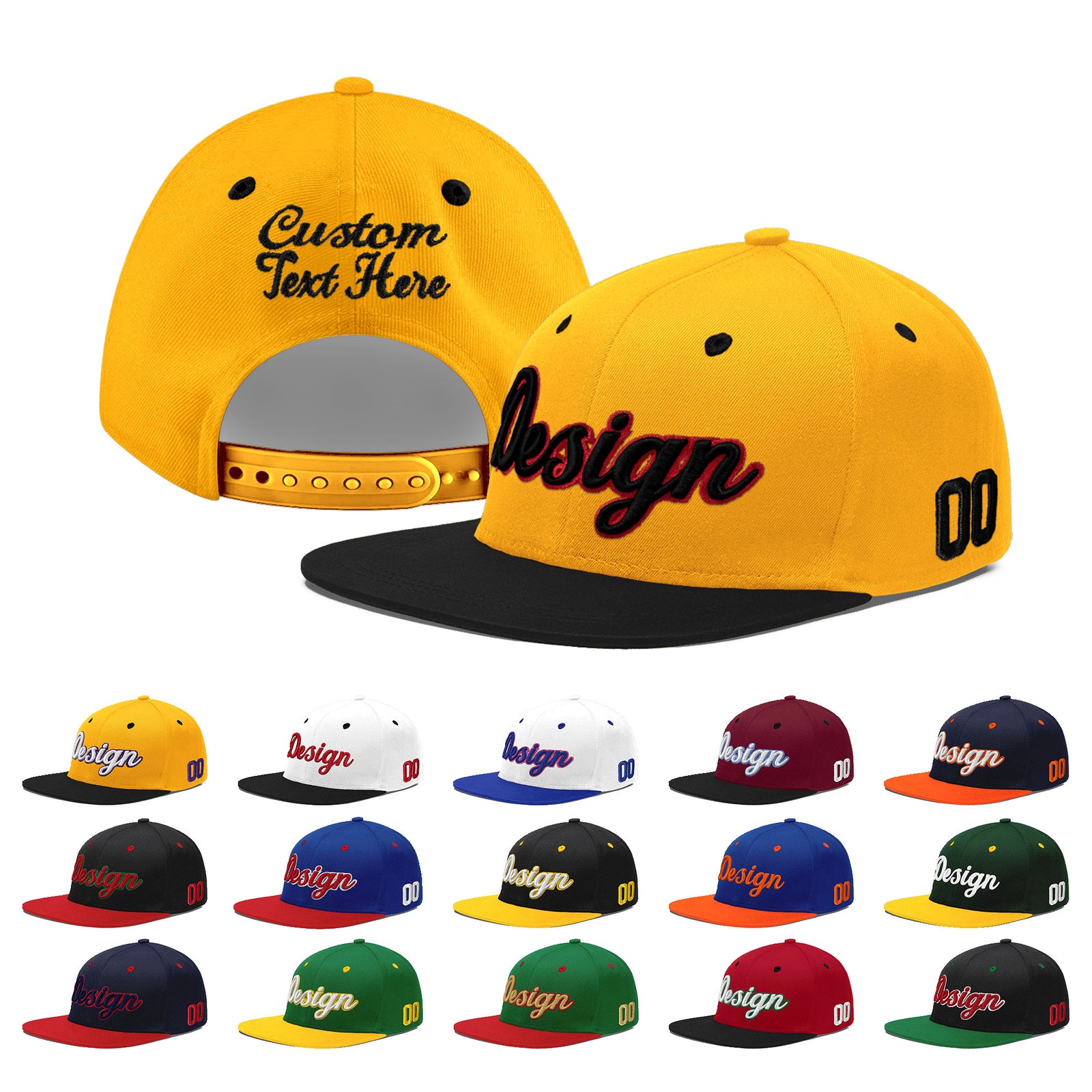 Custom Gold Black 11D Puff Embroidery Flat Embroidery Casual Sport Baseball Cap