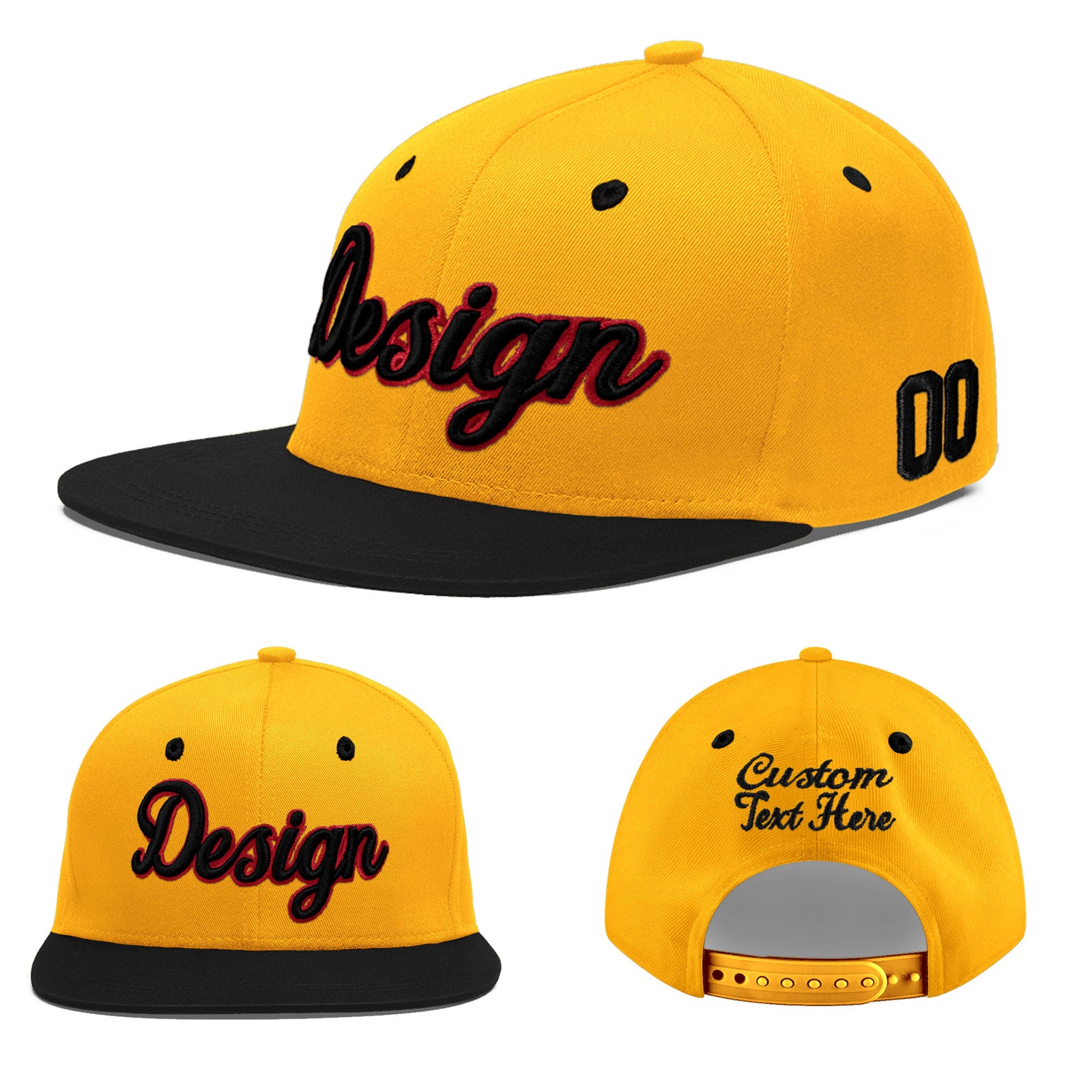 Custom Gold Black 12D Puff Embroidery Flat Embroidery Casual Sport Baseball Cap
