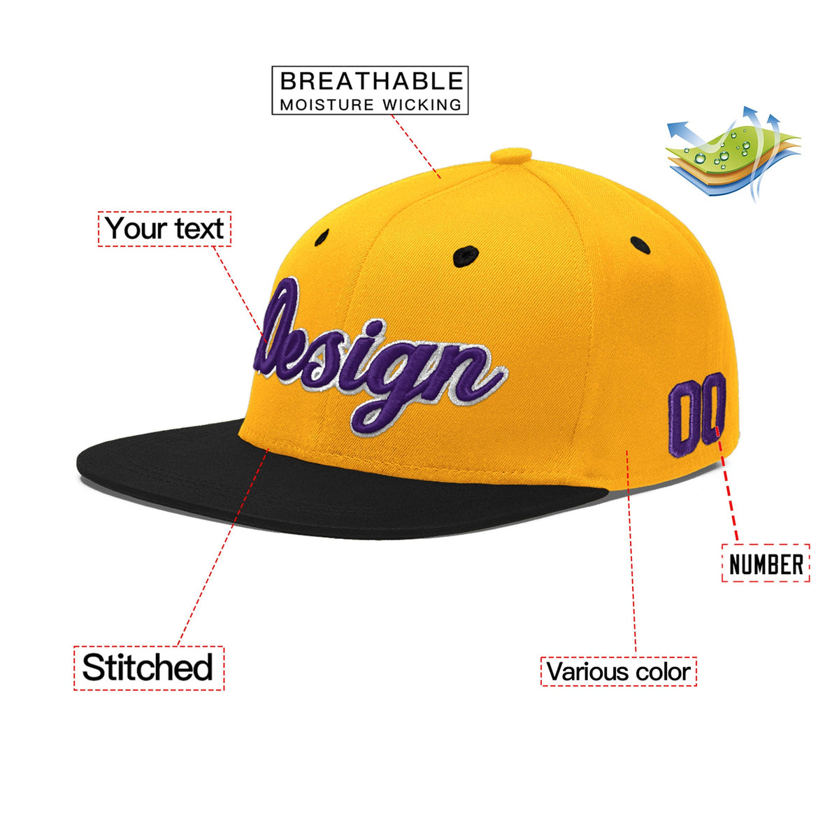 Custom Gold Black 21D Puff Embroidery Flat Embroidery Casual Sport Baseball Cap