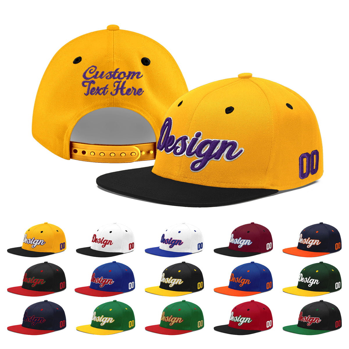 Custom Gold Black 19D Puff Embroidery Flat Embroidery Casual Sport Baseball Cap