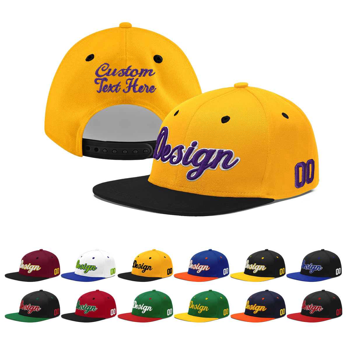 Custom Gold Black 19D Puff Embroidery Flat Embroidery Casual Sport Baseball Cap