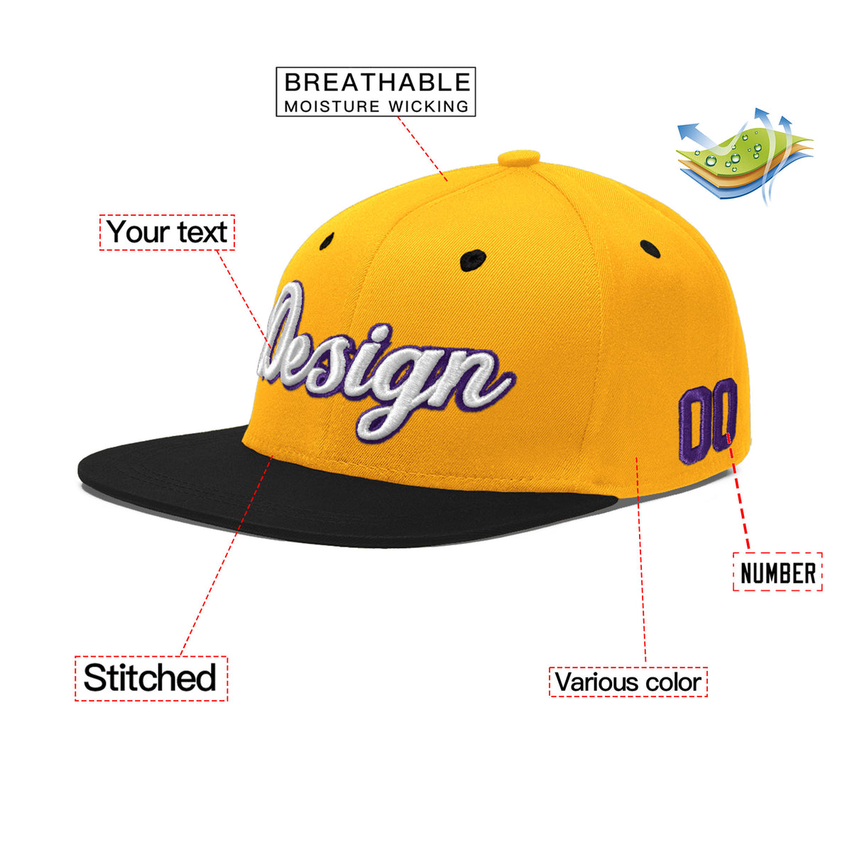 Custom Gold Black 29D Puff Embroidery Flat Embroidery Casual Sport Baseball Cap