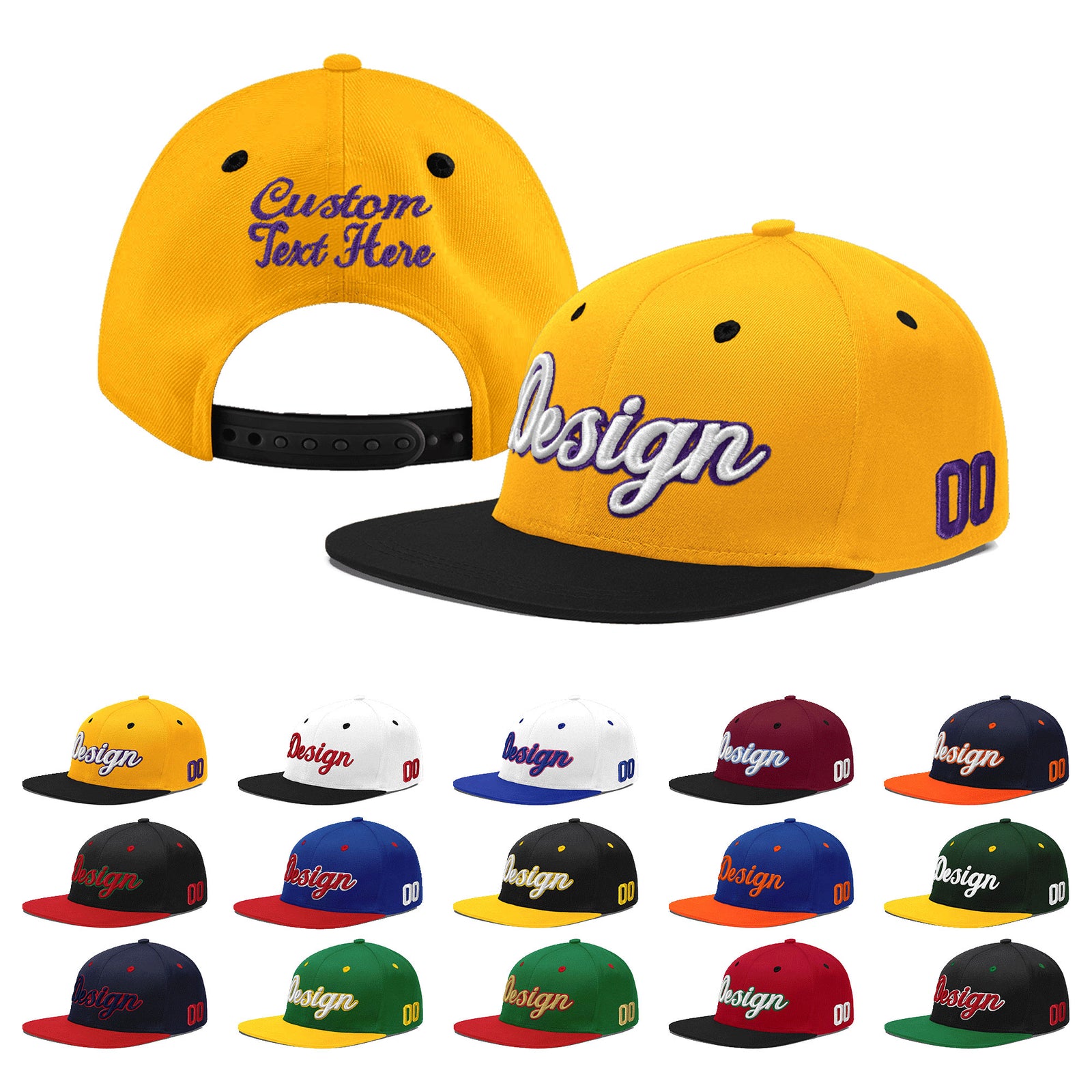 Custom Gold Black 27D Puff Embroidery Flat Embroidery Casual Sport Baseball Cap
