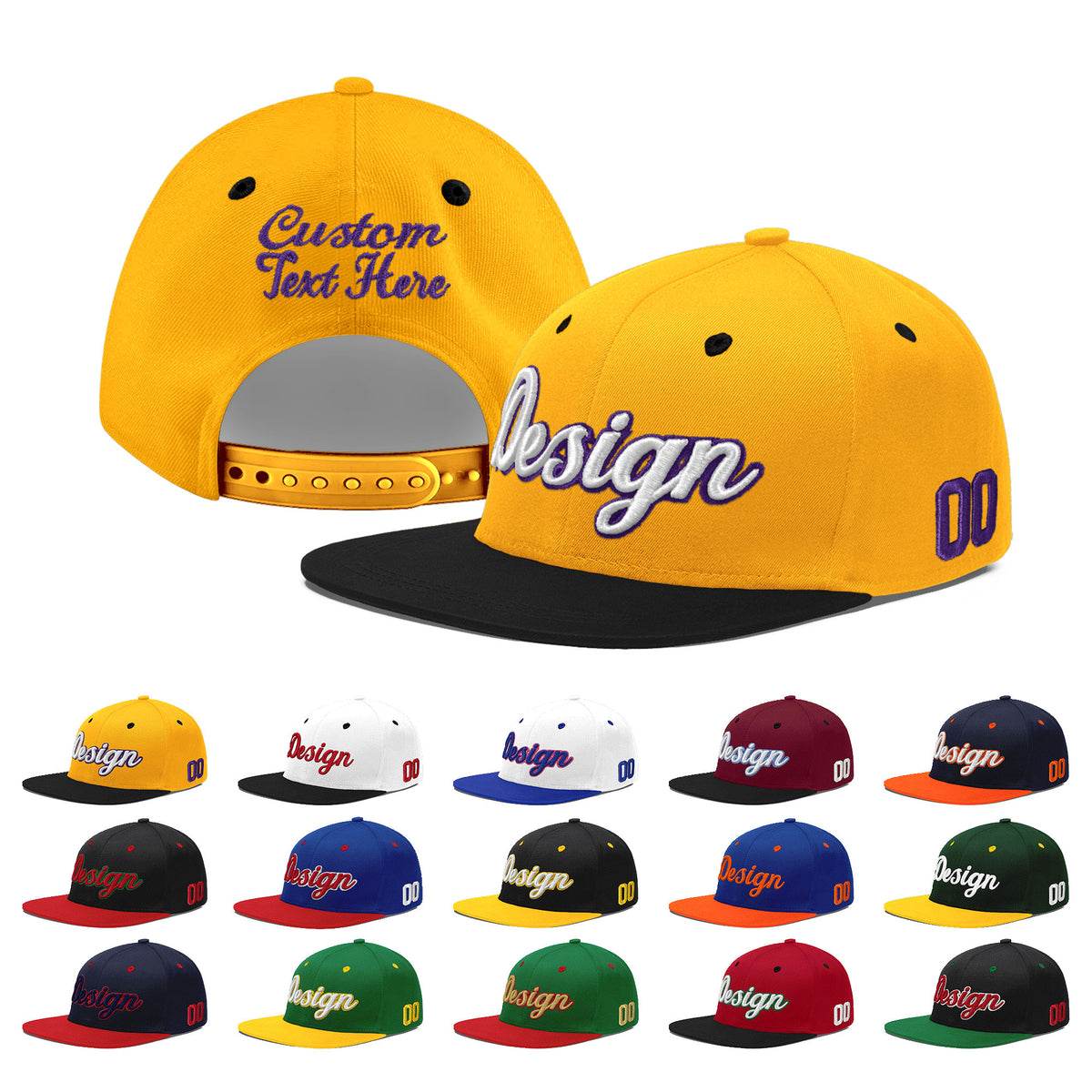 Custom Gold Black 27D Puff Embroidery Flat Embroidery Casual Sport Baseball Cap
