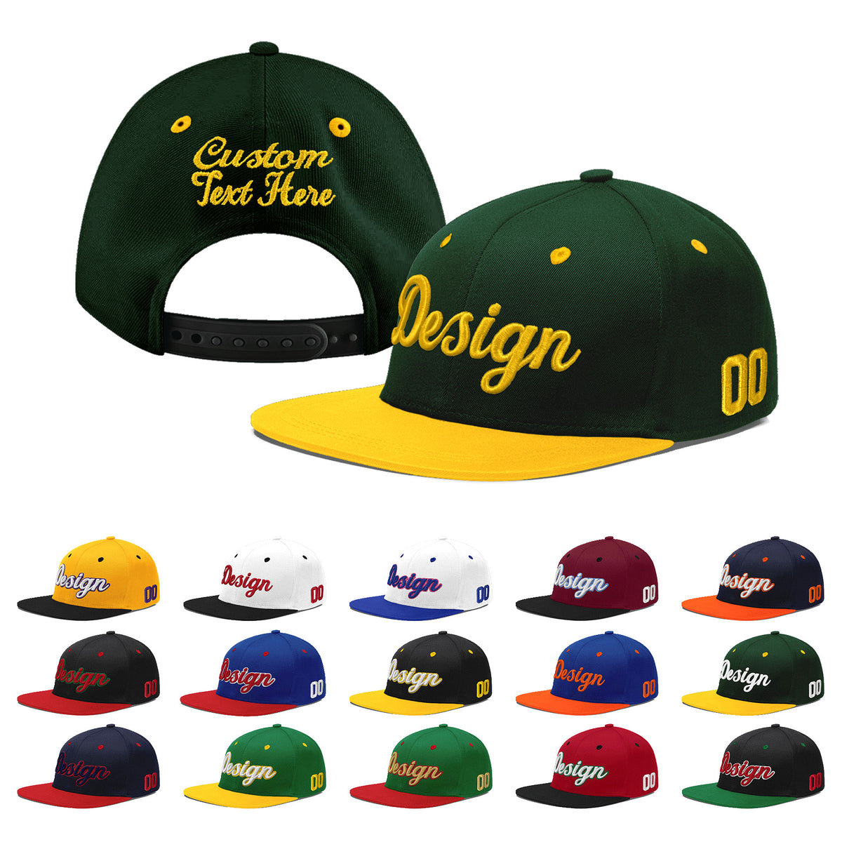 Custom Green Gold 3D Puff Embroidery Flat Embroidery Casual Sport Baseball Cap