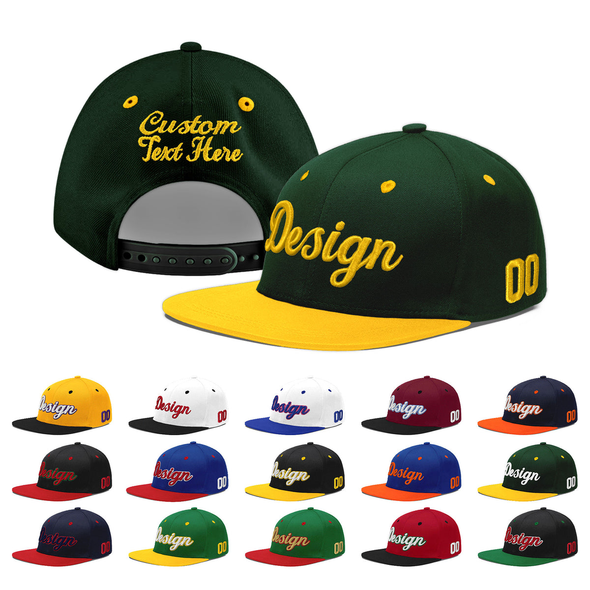 Custom Green Gold 3D Puff Embroidery Flat Embroidery Casual Sport Baseball Cap