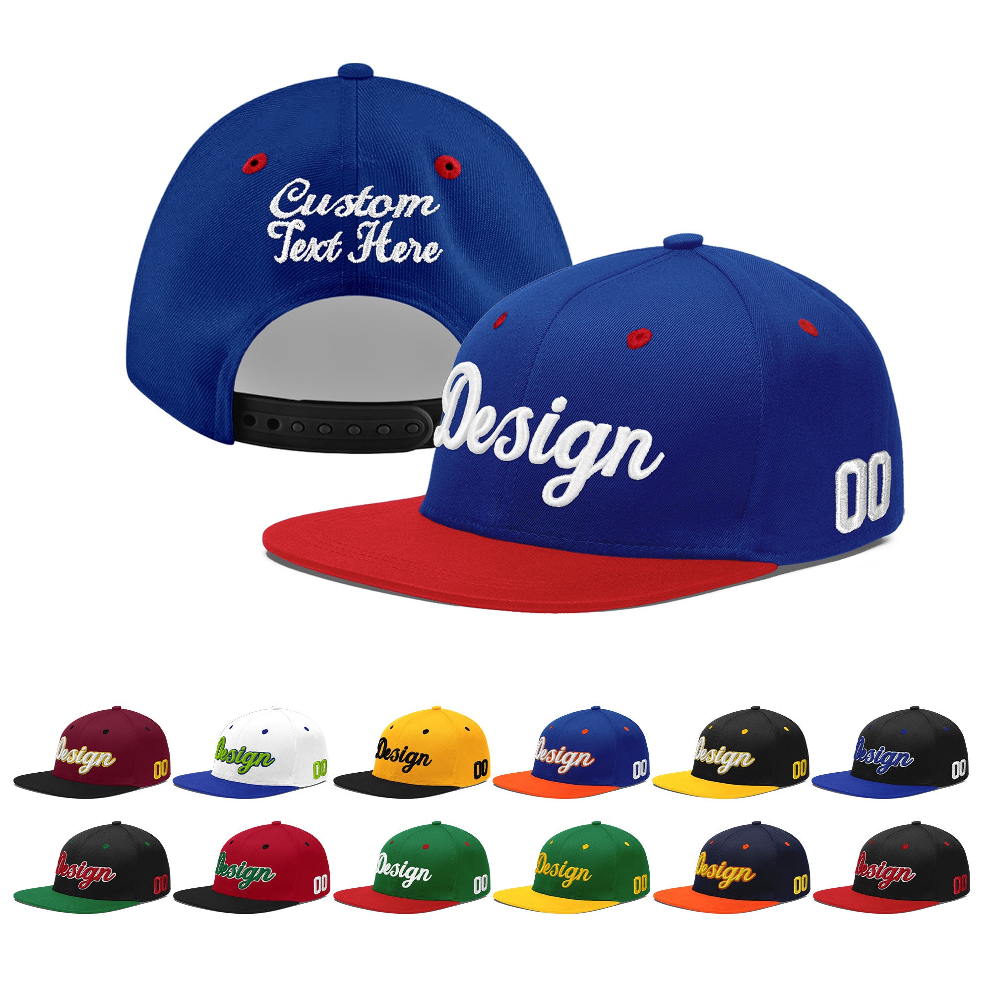 Custom Royal Blue Red 3D Puff Embroidery Flat Embroidery Casual Sport Baseball Cap
