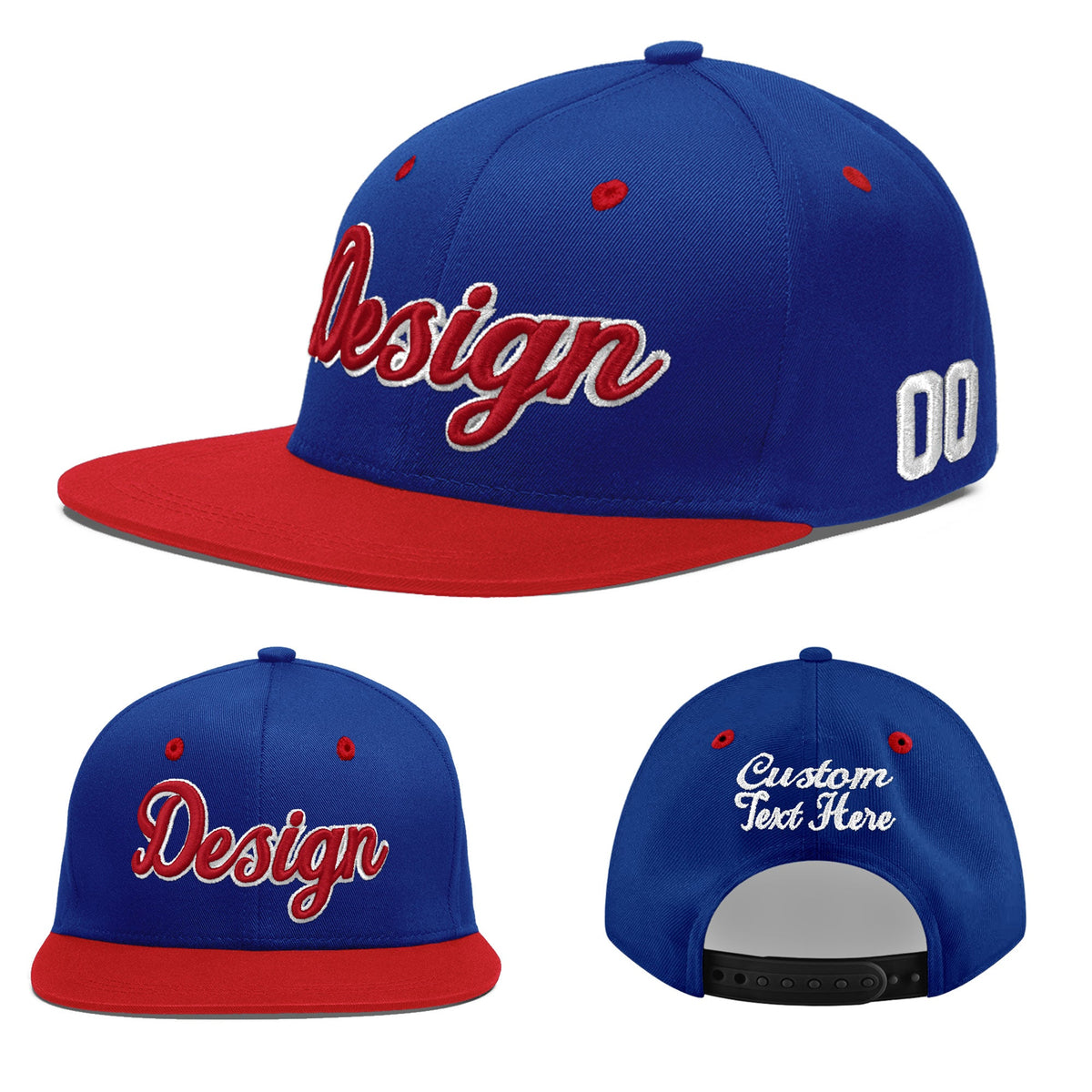 Custom Royal Blue Red 3D Puff Embroidery Flat Embroidery Casual Sport Baseball Cap