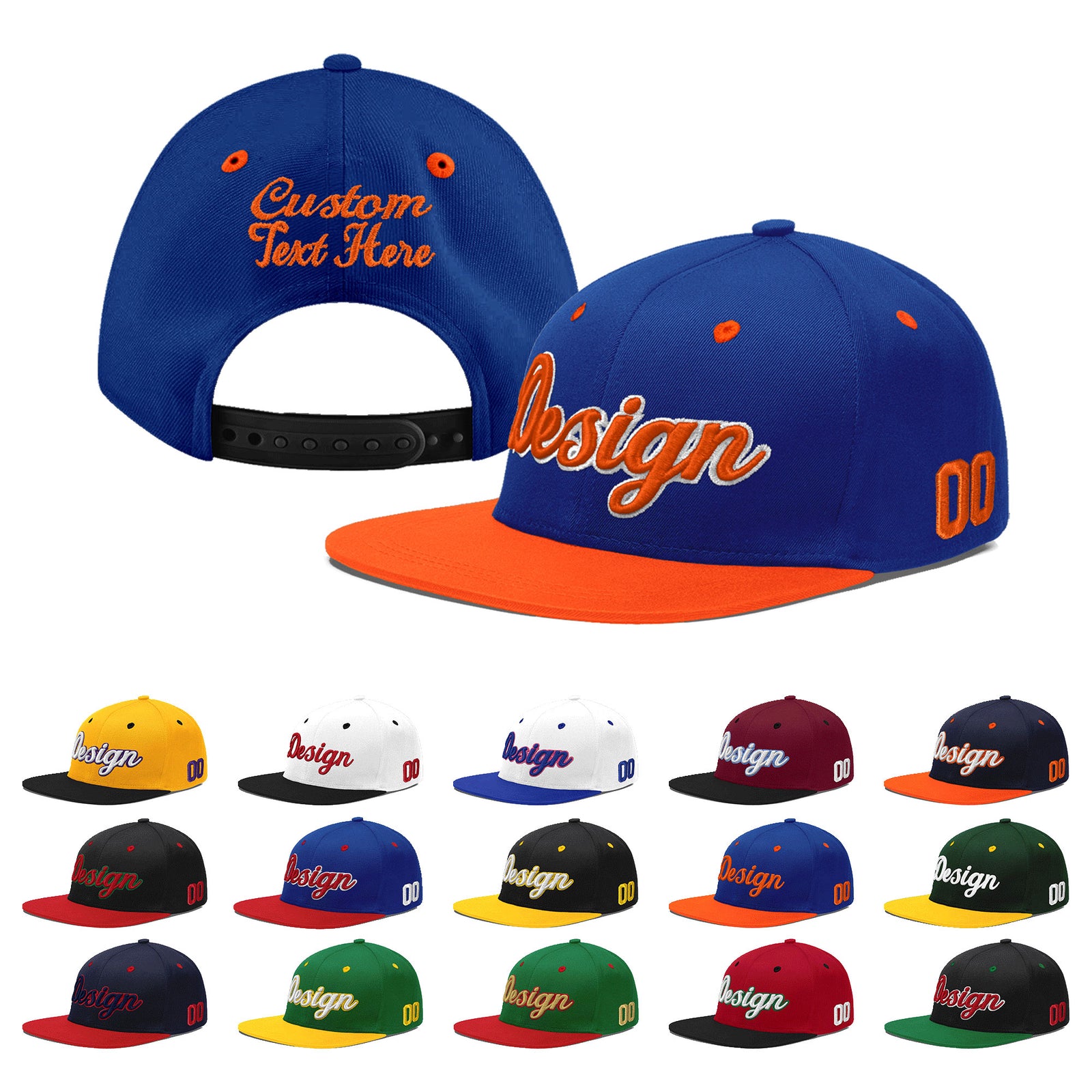 Custom Royal Blue Orange 3D Puff Embroidery Flat Embroidery Casual Sport Baseball Cap