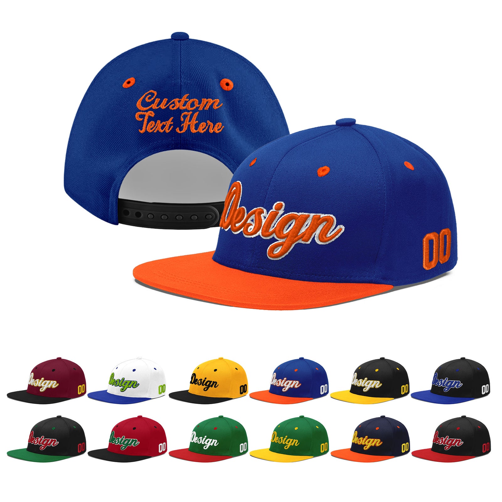 Custom Royal Blue Orange 3D Puff Embroidery Flat Embroidery Casual Sport Baseball Cap