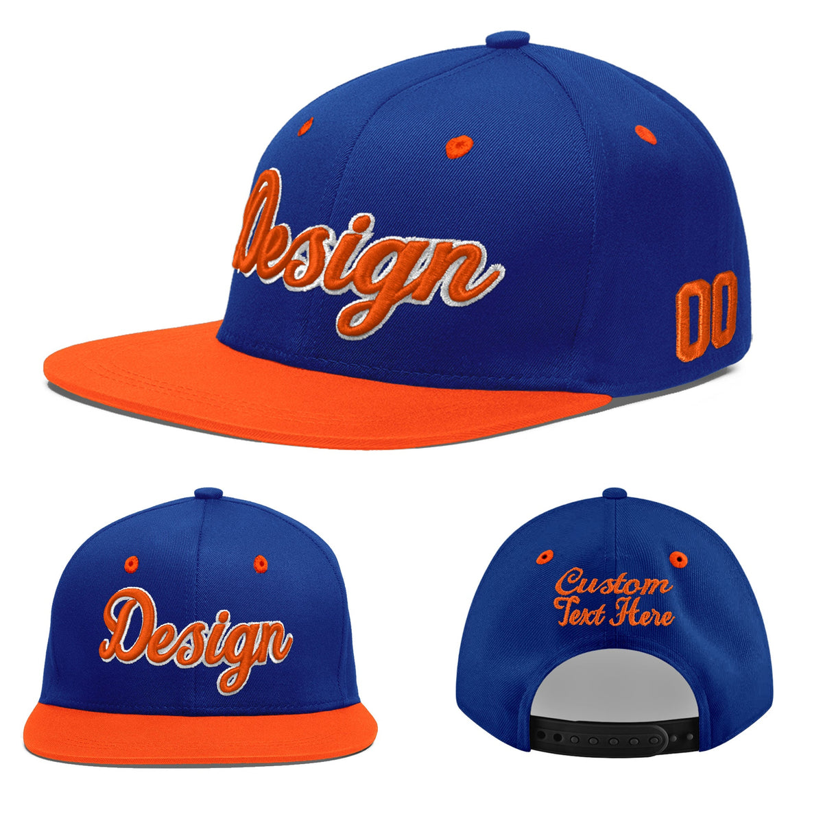 Custom Royal Blue Orange 3D Puff Embroidery Flat Embroidery Casual Sport Baseball Cap