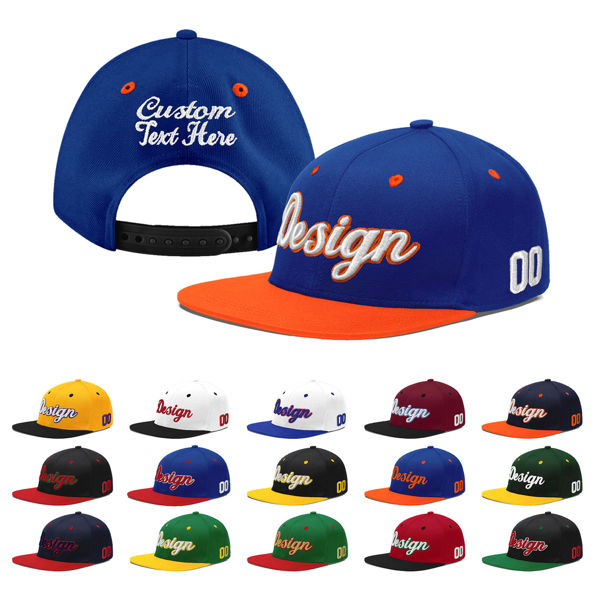Custom Royal Blue Orange 3D Puff Embroidery Flat Embroidery Casual Sport Baseball Cap