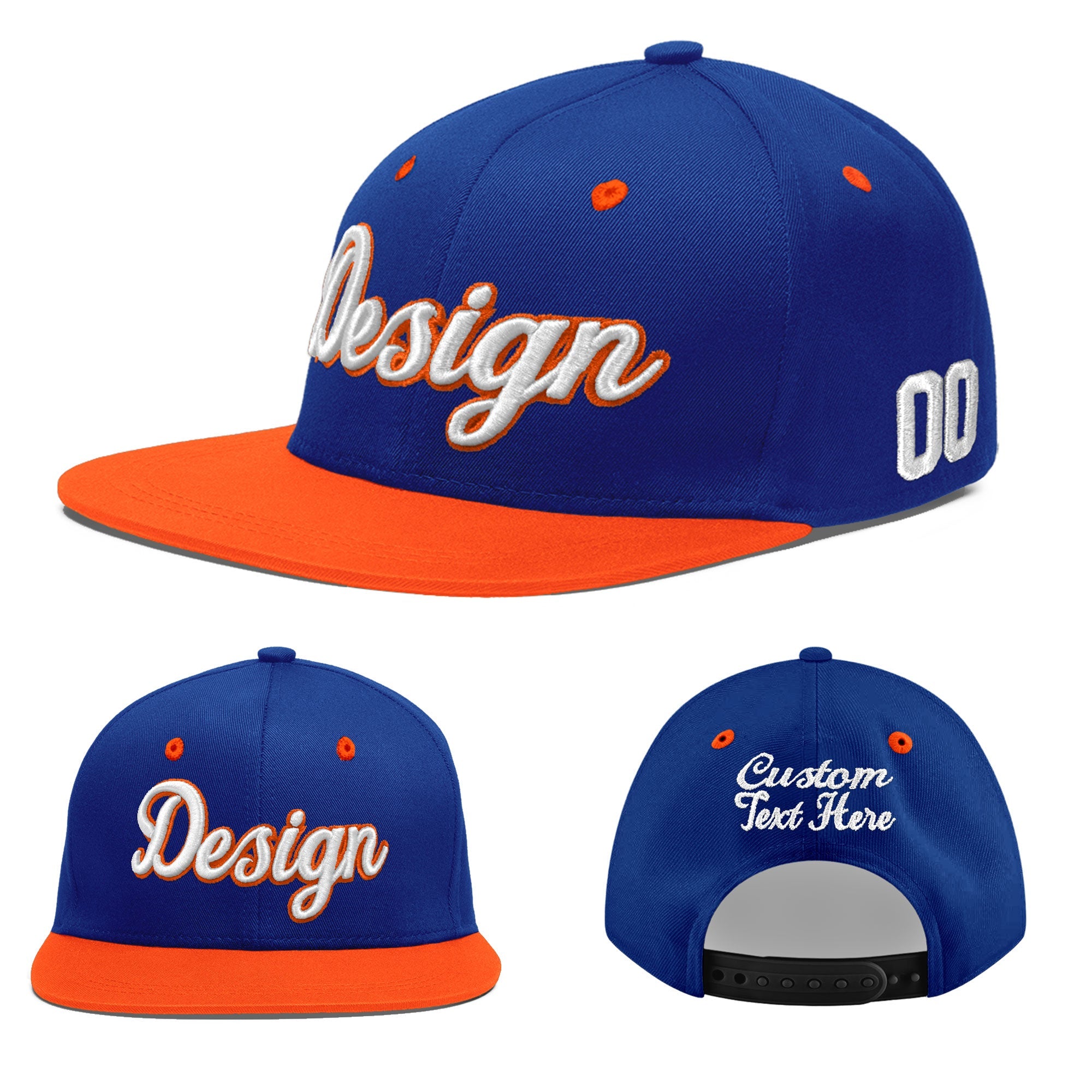 Custom Royal Blue Orange 3D Puff Embroidery Flat Embroidery Casual Sport Baseball Cap