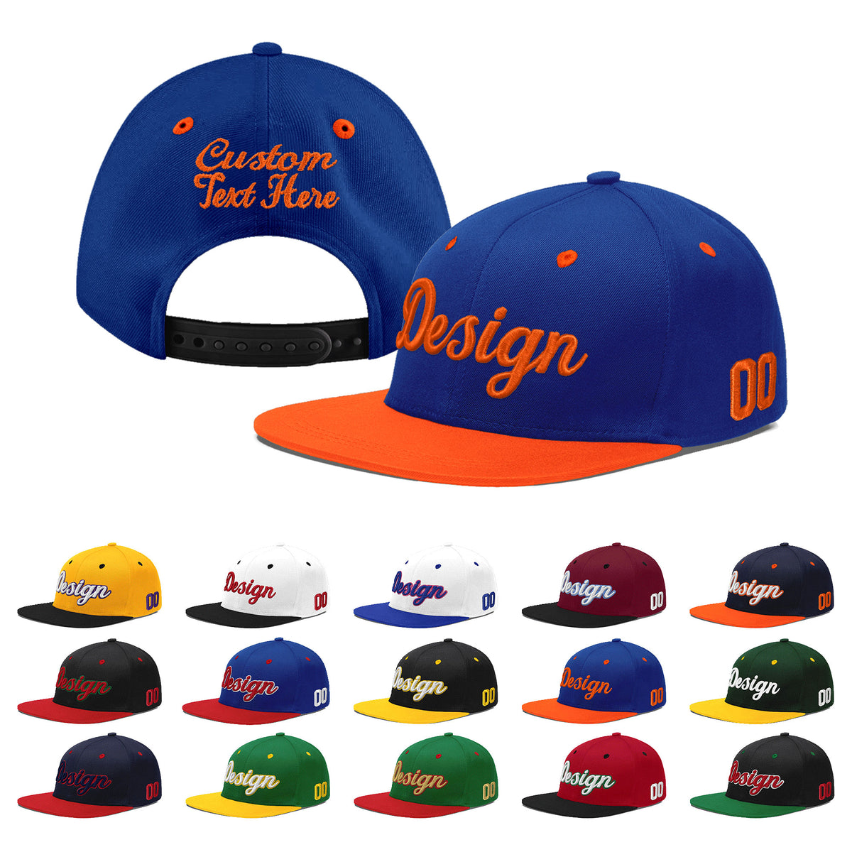 Custom Royal Blue Orange 3D Puff Embroidery Flat Embroidery Casual Sport Baseball Cap
