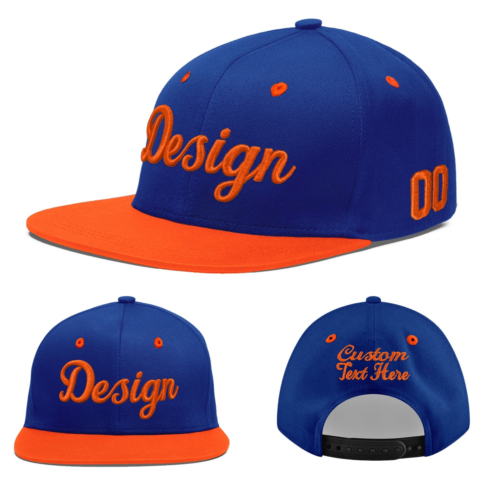 Custom Royal Blue Orange 3D Puff Embroidery Flat Embroidery Casual Sport Baseball Cap