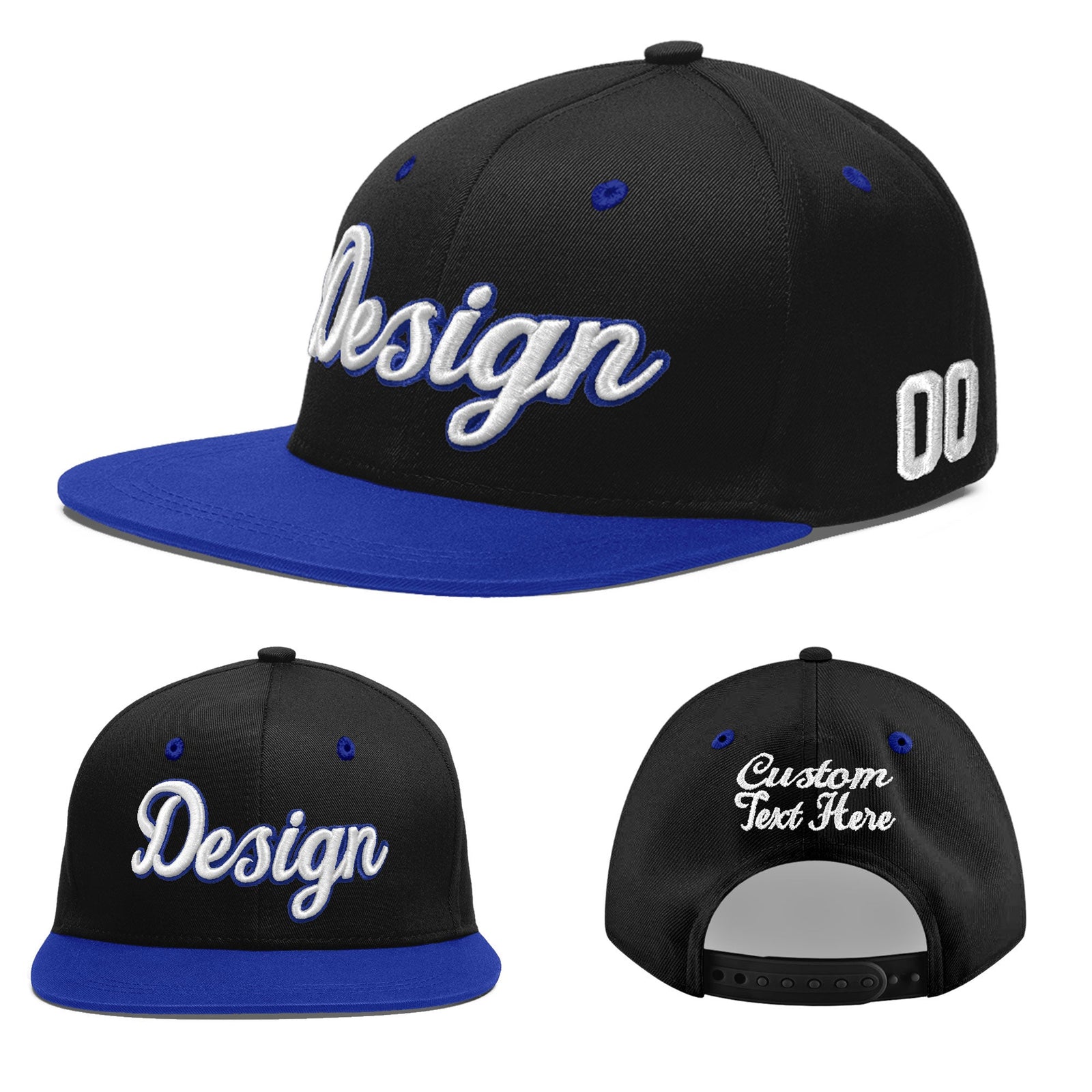 Custom Black Royal Blue 3D Puff Embroidery Flat Embroidery Casual Sport Baseball Cap