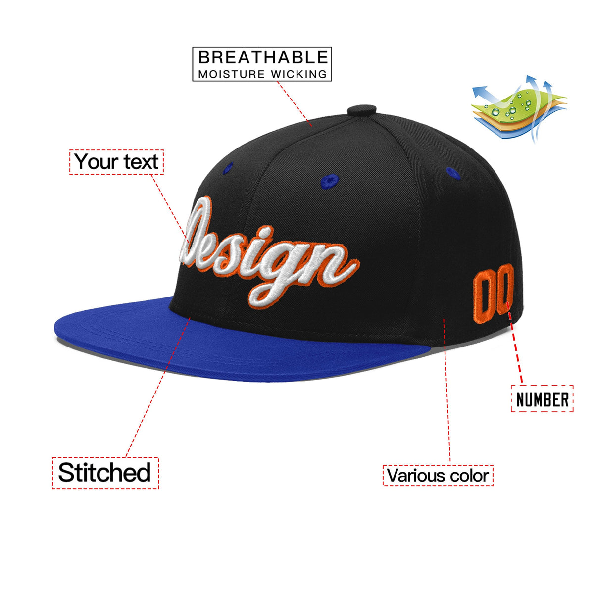 Custom Black Royal Blue 3D Puff Embroidery Flat Embroidery Casual Sport Baseball Cap