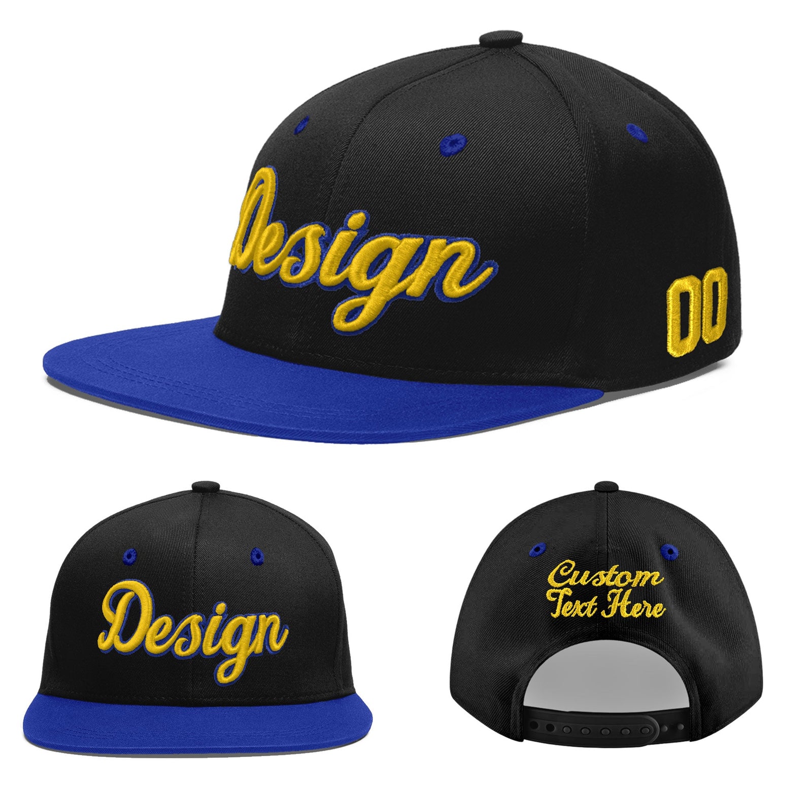 Custom Black Royal Blue 3D Puff Embroidery Flat Embroidery Casual Sport Baseball Cap