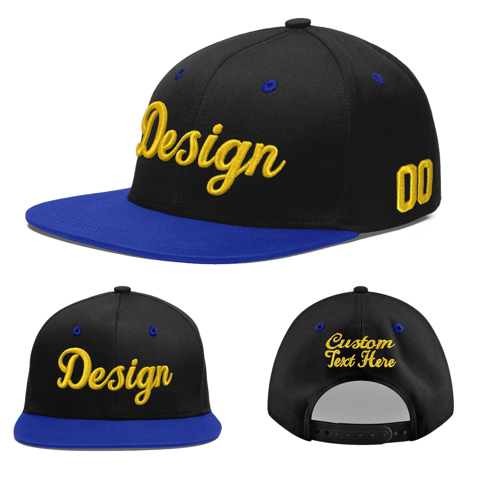 Custom Black Royal Blue 3D Puff Embroidery Flat Embroidery Casual Sport Baseball Cap