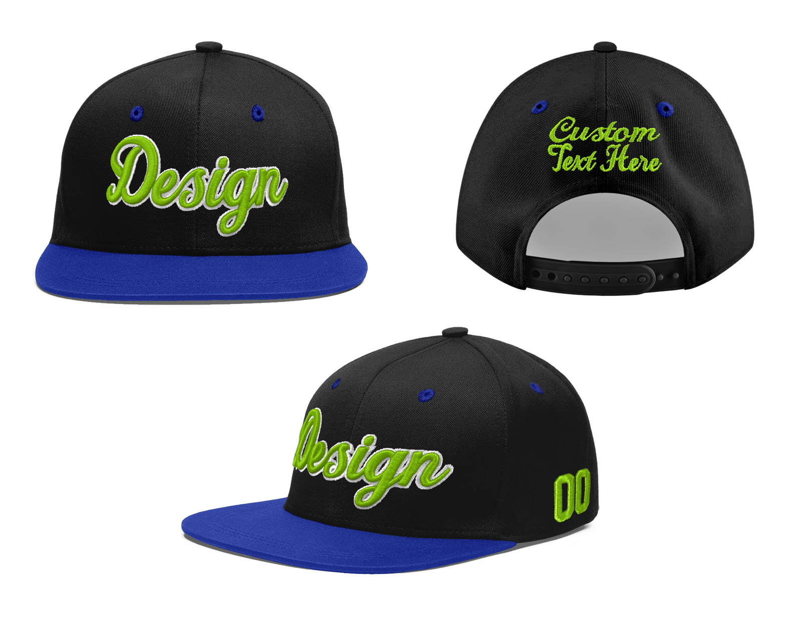 Custom Black Royal Blue 3D Puff Embroidery Flat Embroidery Casual Sport Baseball Cap