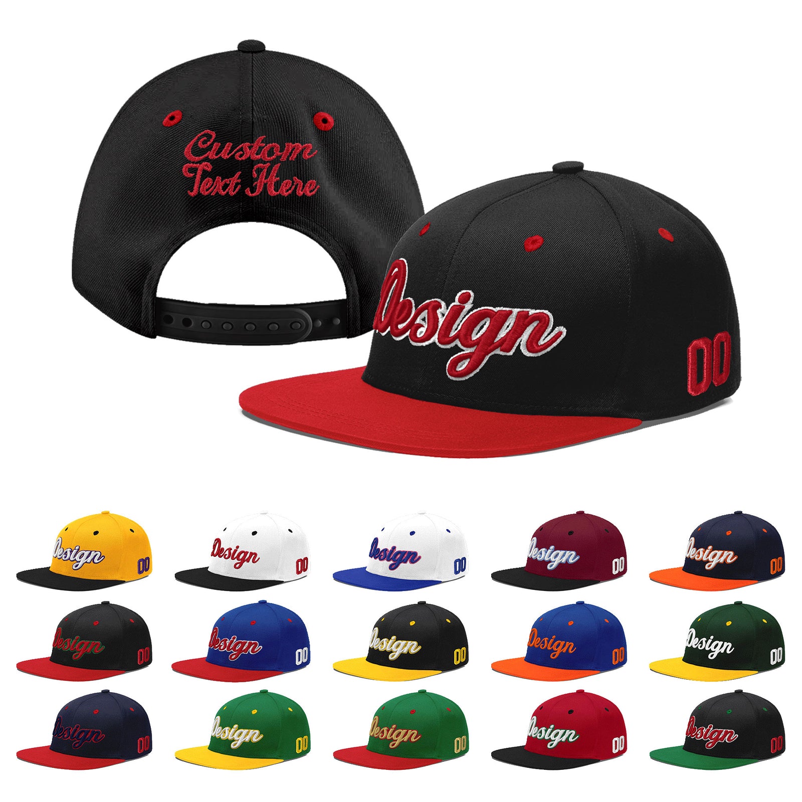 Custom Black Red 3D Puff Embroidery Flat Embroidery Casual Sport Baseball Cap